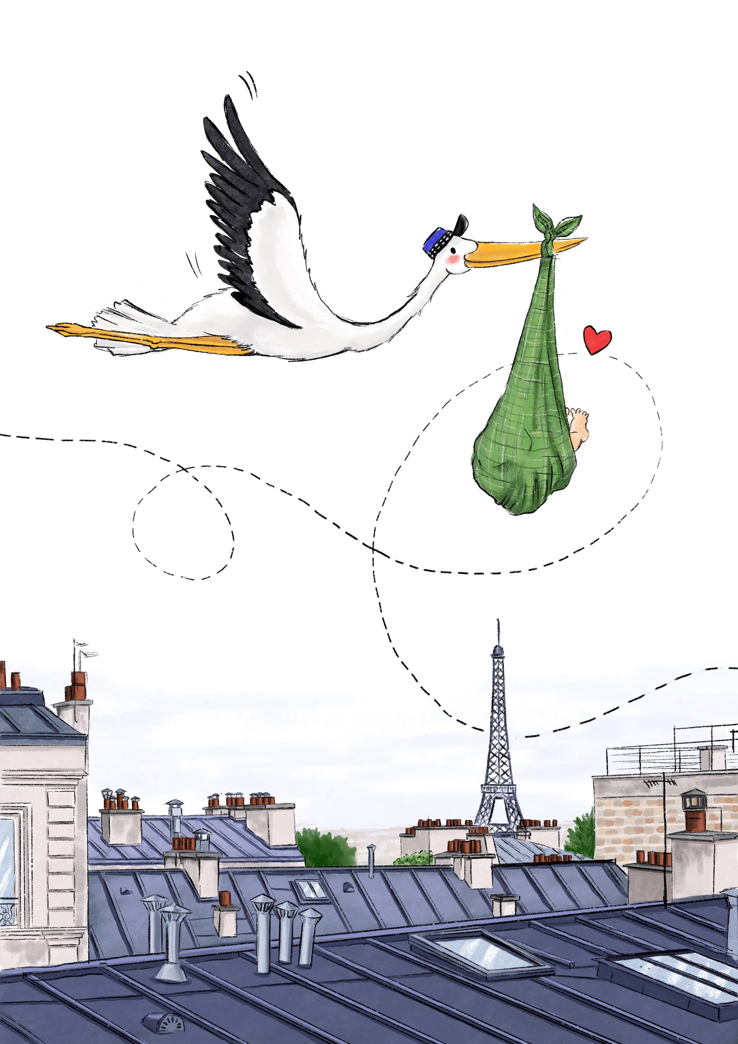 Illustrazione di una scena parigina con il simbolo della Torre Eiffel e lo skyline di Parigi, con un gabbiano che porta una borsa di foglie e un cuore rosso nel becco, su un tetto di Parigi vista dall'alto.