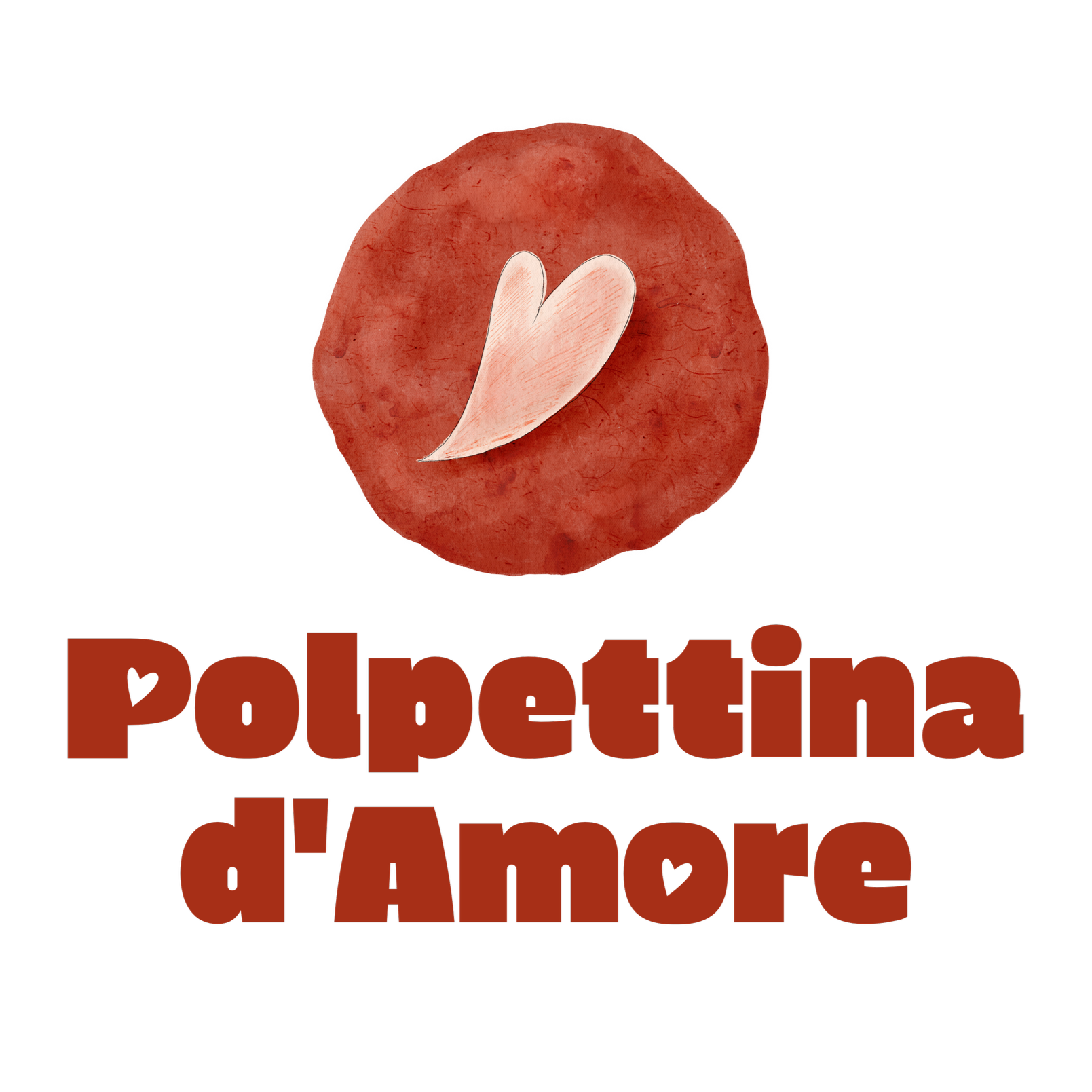 Immagine stilizzata di un cuore poggiato su una polpetta rossa, accompagnata dalla scritta 'polpettina di amore' in caratteri grandi e rossi.