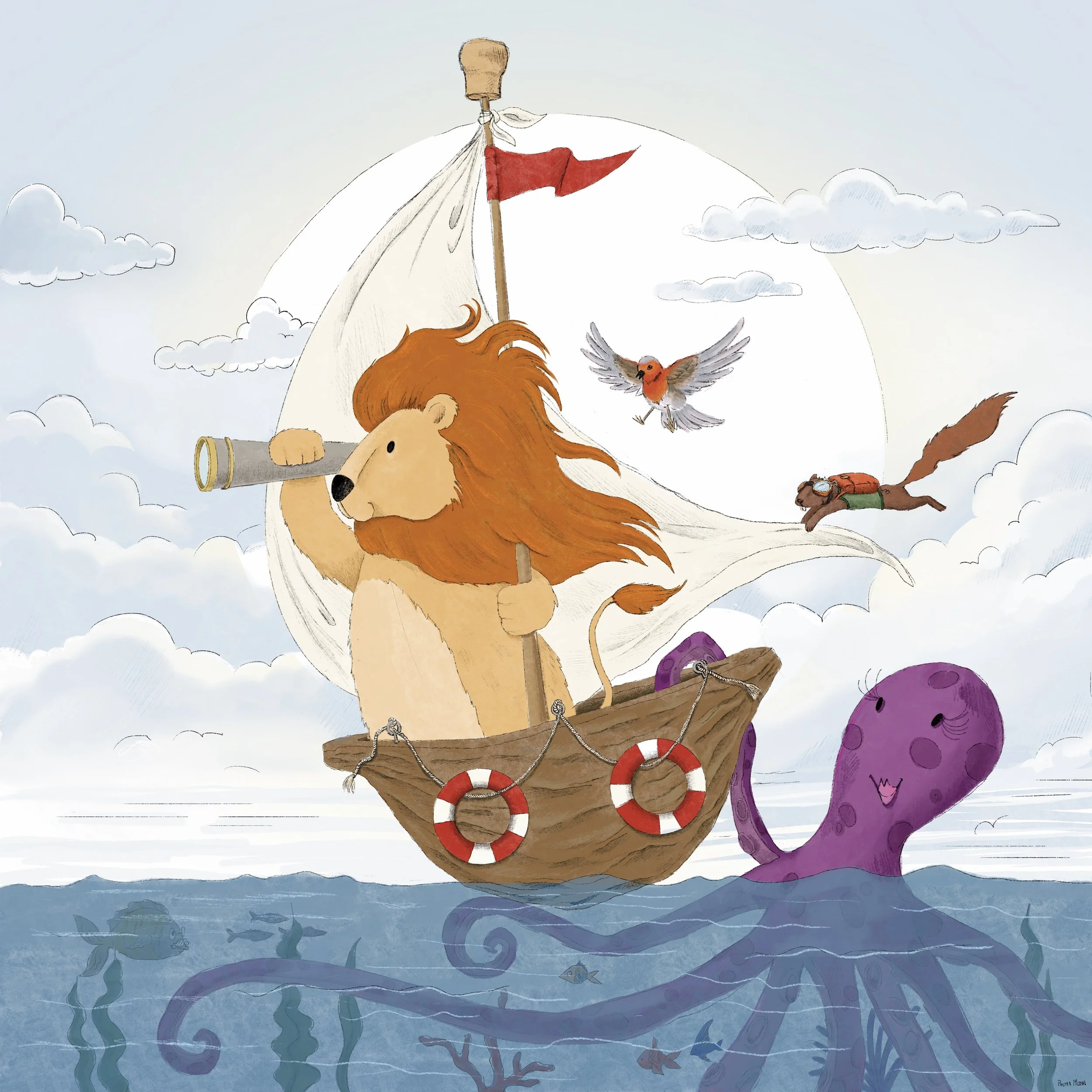 Un leone con un cannocchiale sulla zampa anteriore guarda verso un'arca di legno con una vela rossa e una bandiera bianca, navigando in acque piene di creature marine come squali e pesci, sotto un cielo con nuvole sparse.