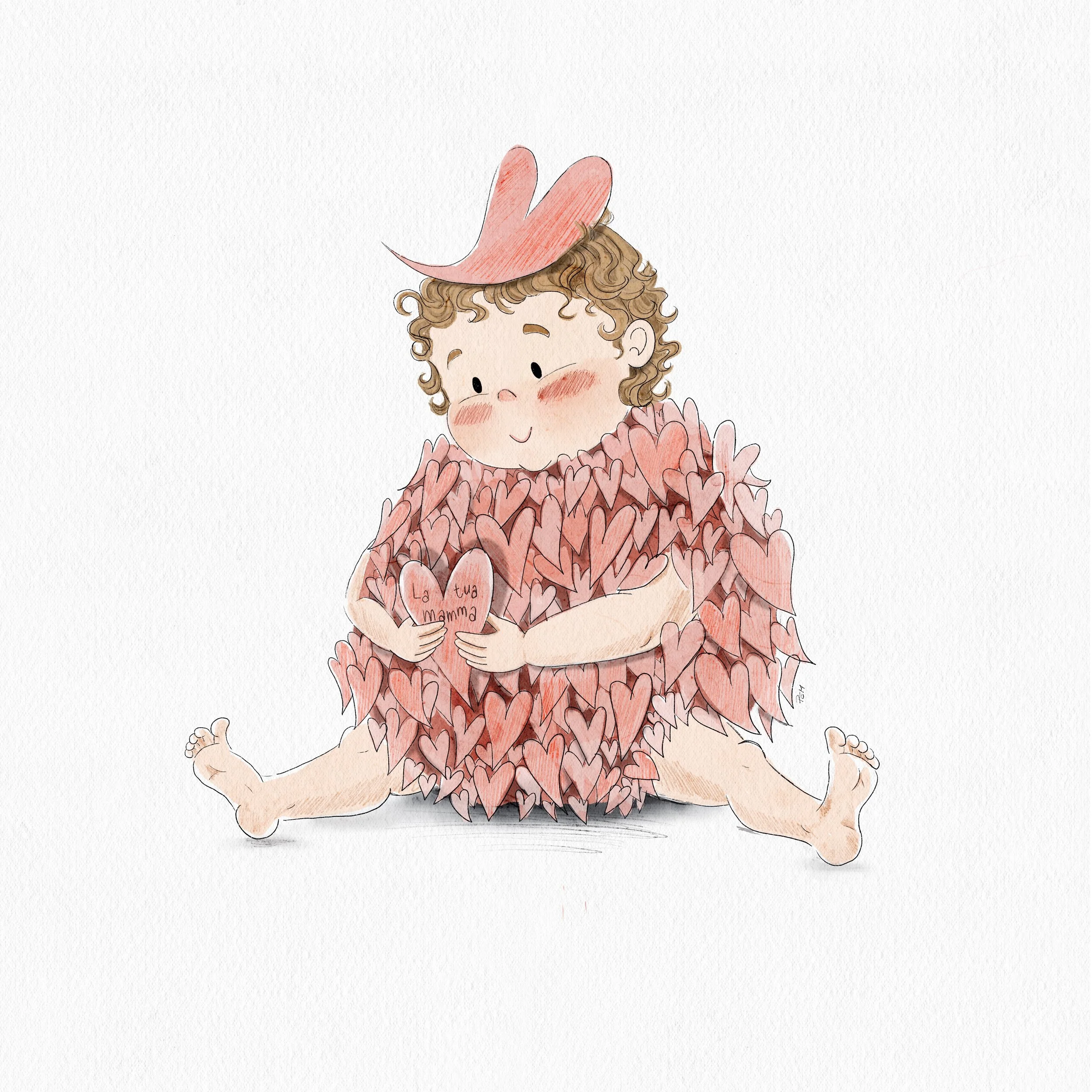 Disegno di un bambino con capelli ricci che indossa un cappello rosa e una collana di cuori. Sul biglietto c'è scritto 'La tua mamma'.