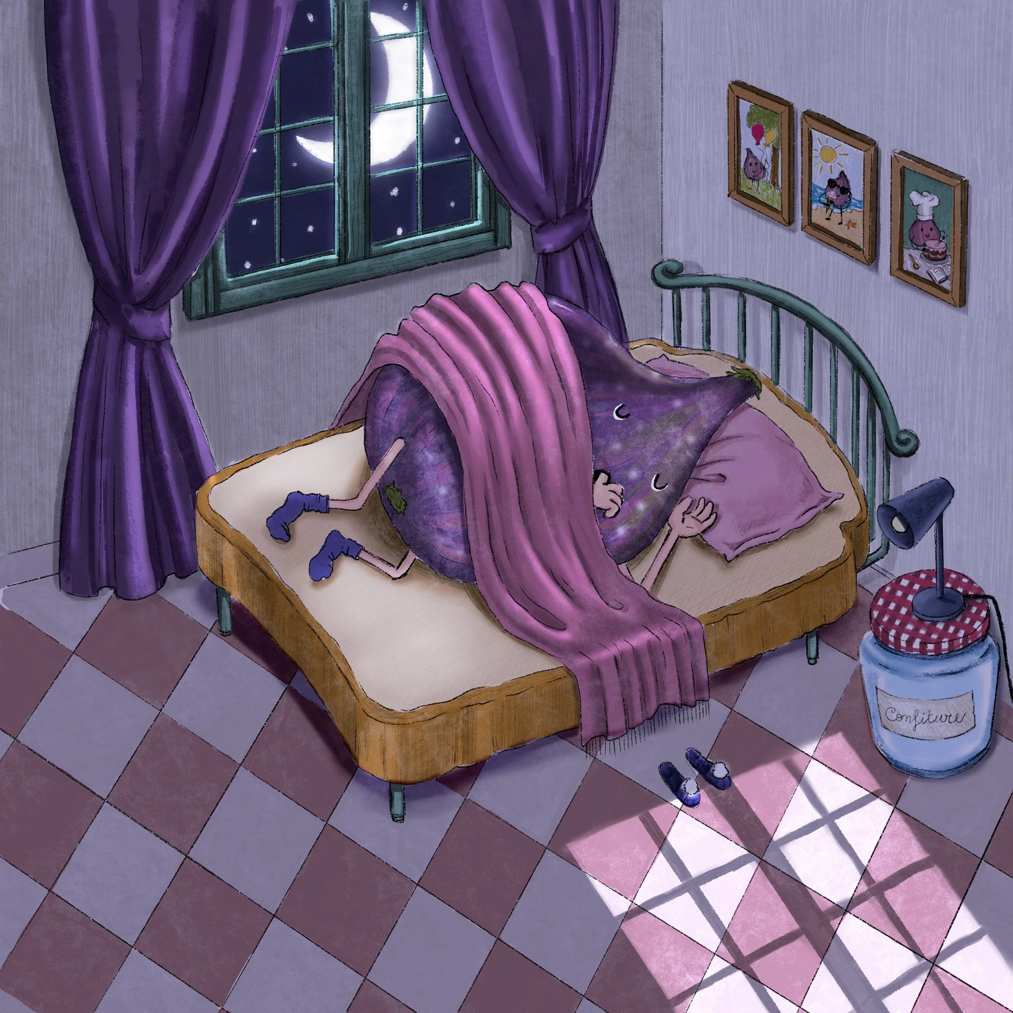 Una stanza con letto con tende viola, il chiaro di luna entra dalla finestra, ed un fico (frutto) dorme beato. La scena sembra idilliaca e calorosa, con dettagli decorativi come un cuscino e un quadro con un'etichetta con la parola 'Confetture'.