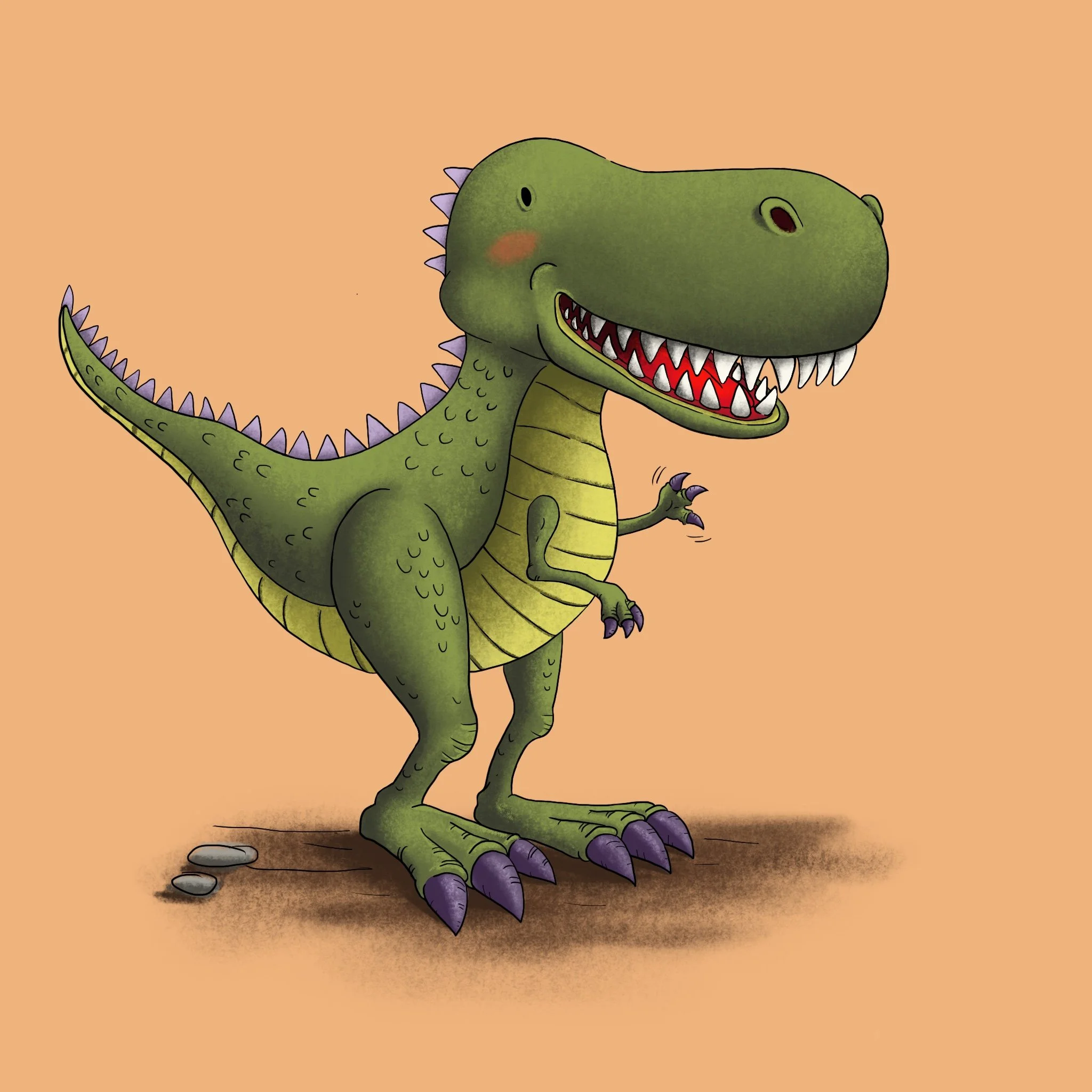Illustrazione di un dinosauro T-REX verde sorridente sembra salutare con la mano.