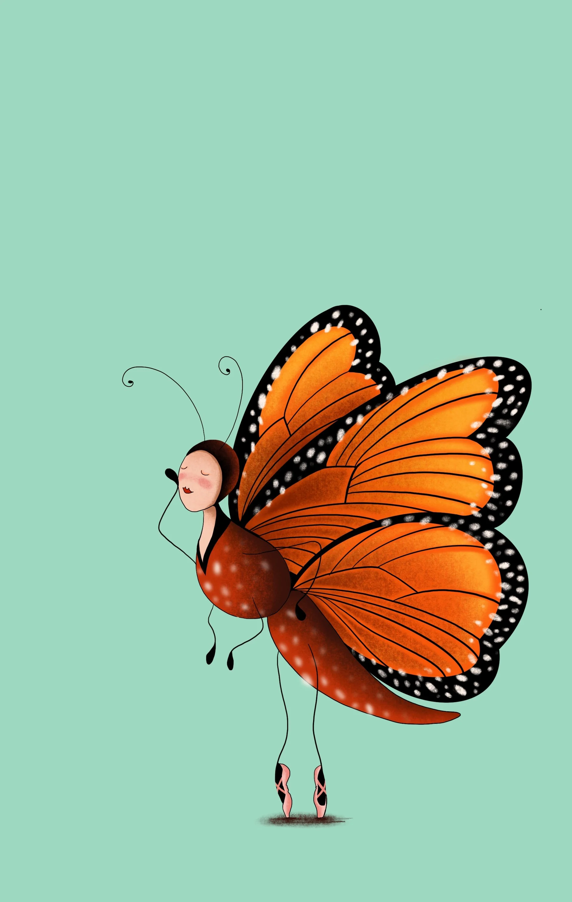 Illustrazione di una farfalla ballerina, dalle ali arancioni con puntini bianchi e neri, corpo esile e gambe lunghe e sottili.