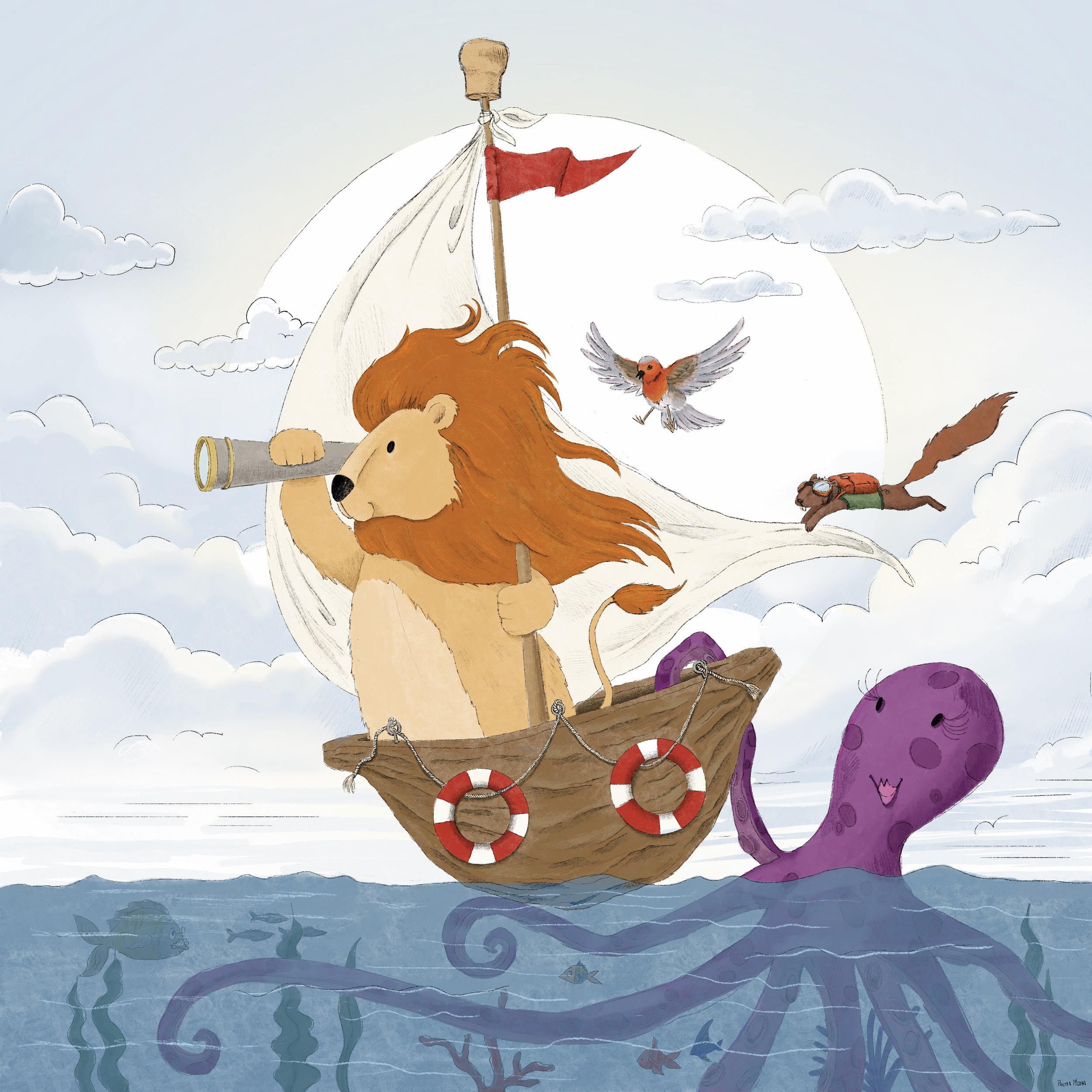Un leone in viaggio su una noce di legno con uno stecchino come porta-vela. Il leone è accompagnato da un uccello ed uno scoiattolo rosso.  Dal mare si intravede una mamma polpo che spinge il leone sulla barca "noce".
