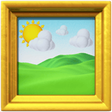 Emoji di un paesaggio con sole, nuvole bianche, colline verdi e cielo azzurro