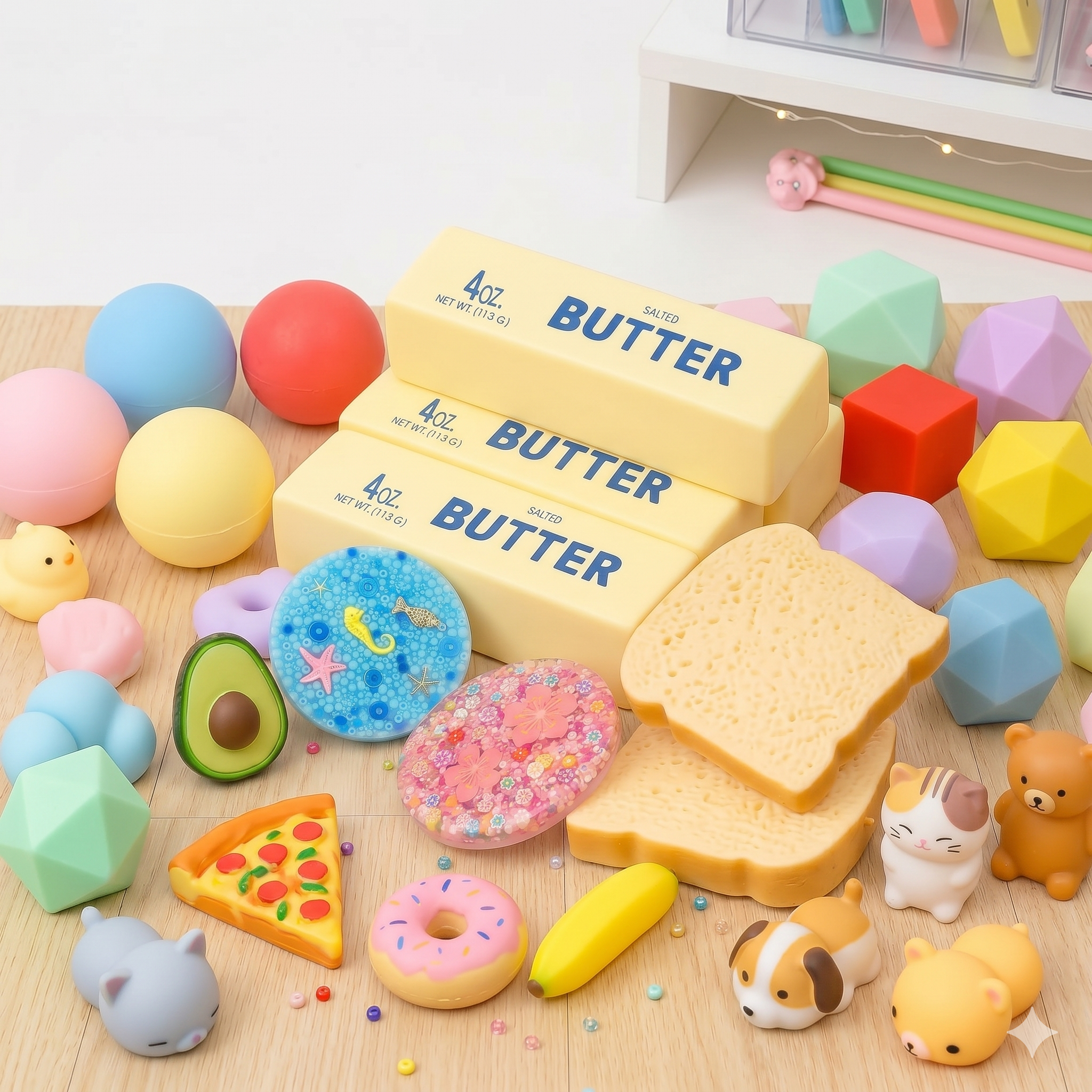 Colorful plastic toys resembling animals, food, and geometric shapes scattered on a wooden surface with a white background and a small white table with pastel-colored chalks and string lights.