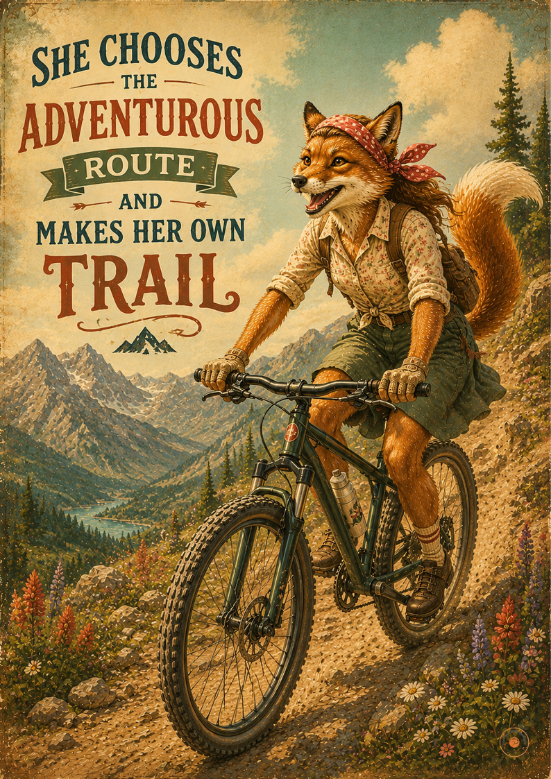 She Chooses the Adventurous Route Fox Cycling Poster | Mountain Bike Wall Art Print