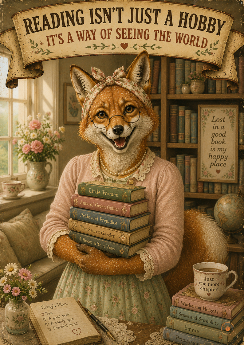 Book Lover Fox Poster | Reading Wall Art Print | Vintage Literary Gift Decor