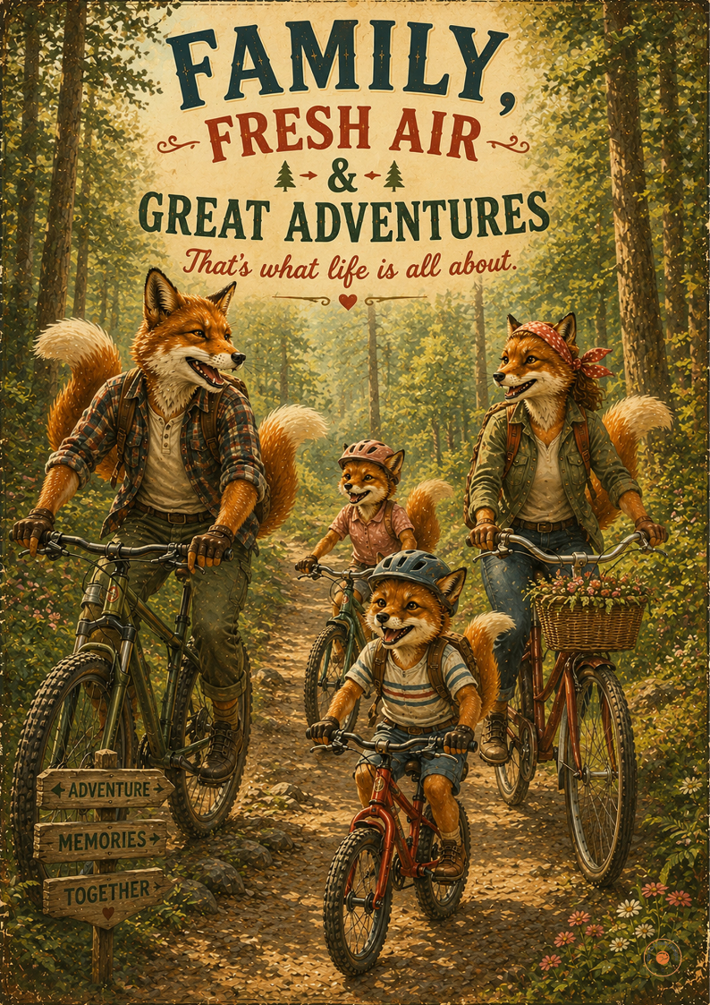 Family, Fresh Air & Great Adventures Fox Poster | Family Cycling Wall Art Print