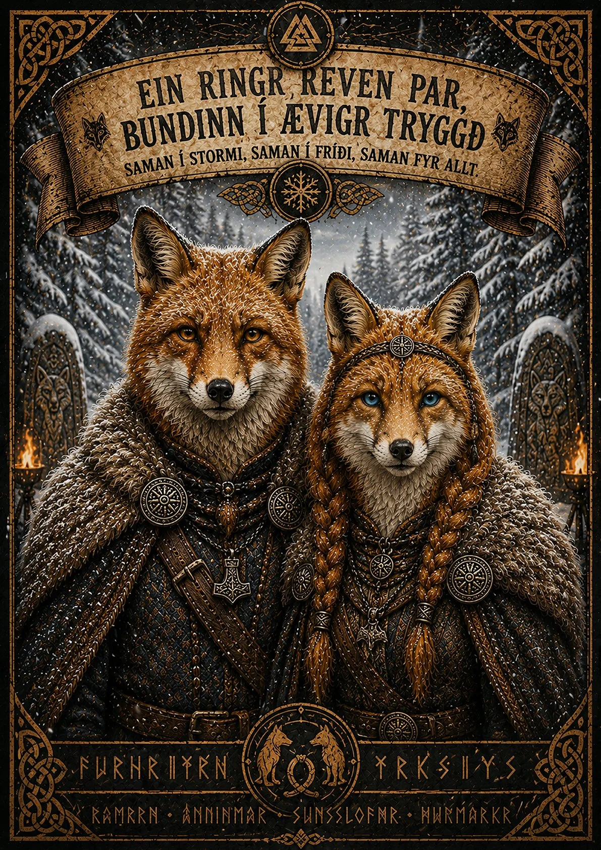 Viking Fox Couple Poster | Norse Mythology Wall Art | Fantasy Nordic Fox Print | Scandinavian Decor