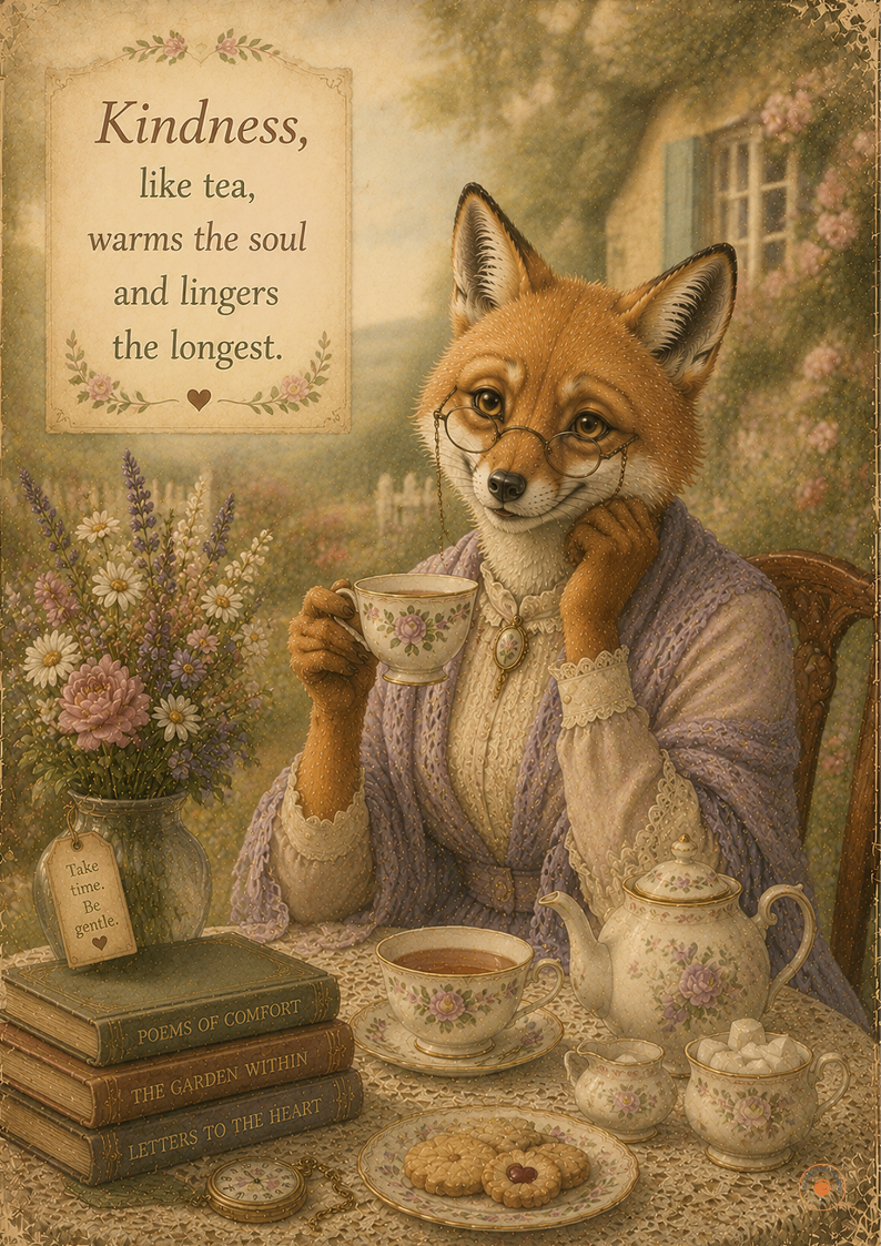 Kindness Like Tea Fox Poster | Cottagecore Tea Room Wall Art | Inspirational Fox Printx