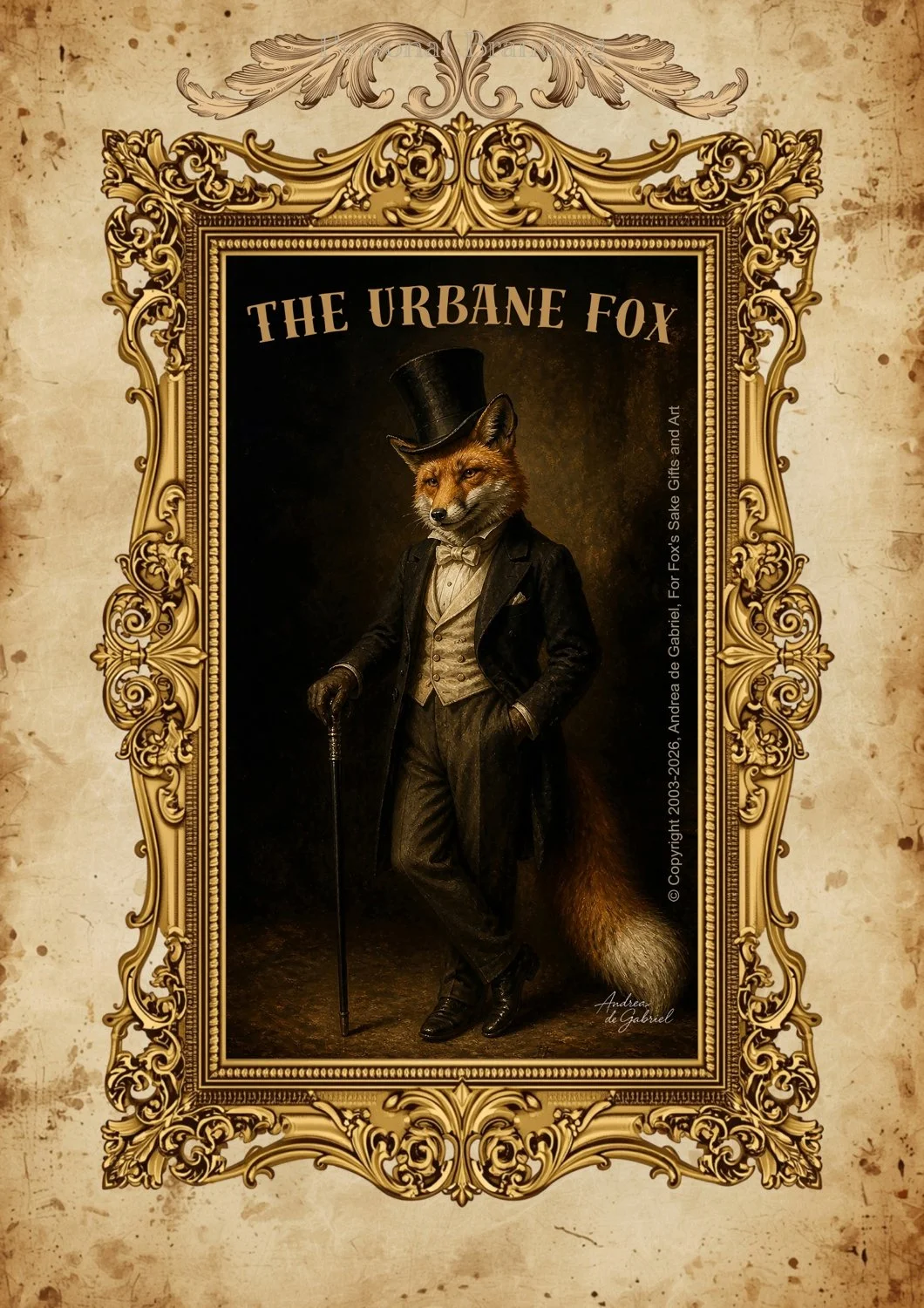 A vintage-style illustration of a fox dressed in a Victorian gentleman's outfit, including a top hat, bow tie, coat, and trousers, standing with a walking cane and a bushy tail visible behind. The illustration is framed by an ornate, gold-colored decorative border and labeled 'The Urbane Fox' at the top.