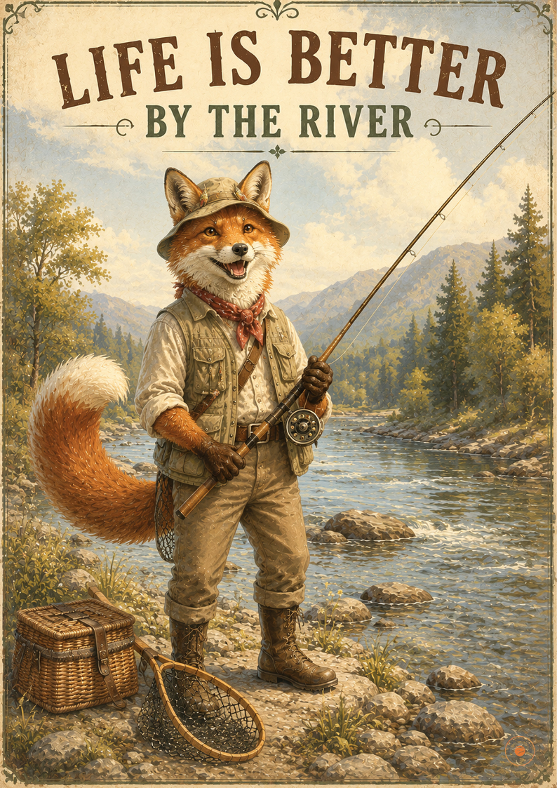 Life Is Better by the River Fox Fishing Poster | Rustic Fishing Wall Art Print