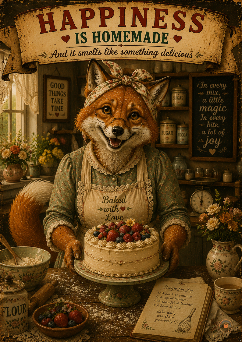 Happiness Is Homemade Fox Baker Poster | Cottage Kitchen Wall Art | Baking Gift Decor