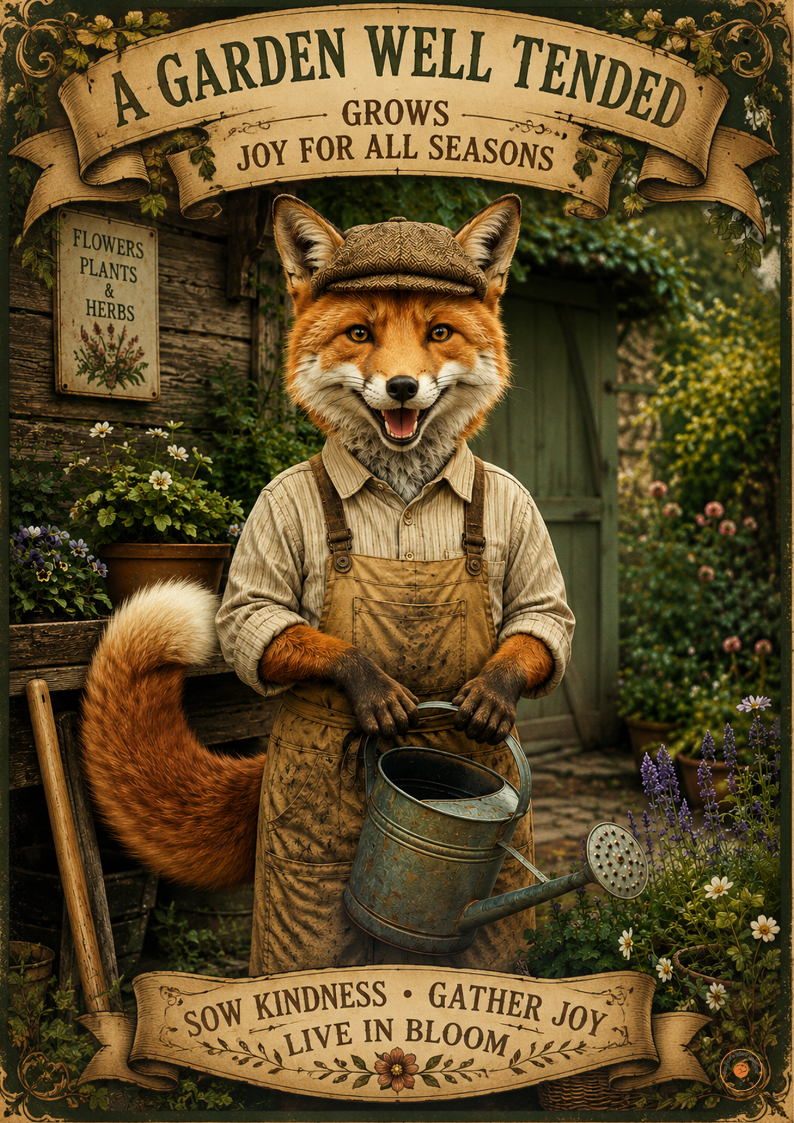 A Garden Well Tended Fox Gardener Poster | Cottage Garden Wall Art | Gardening Gift Print