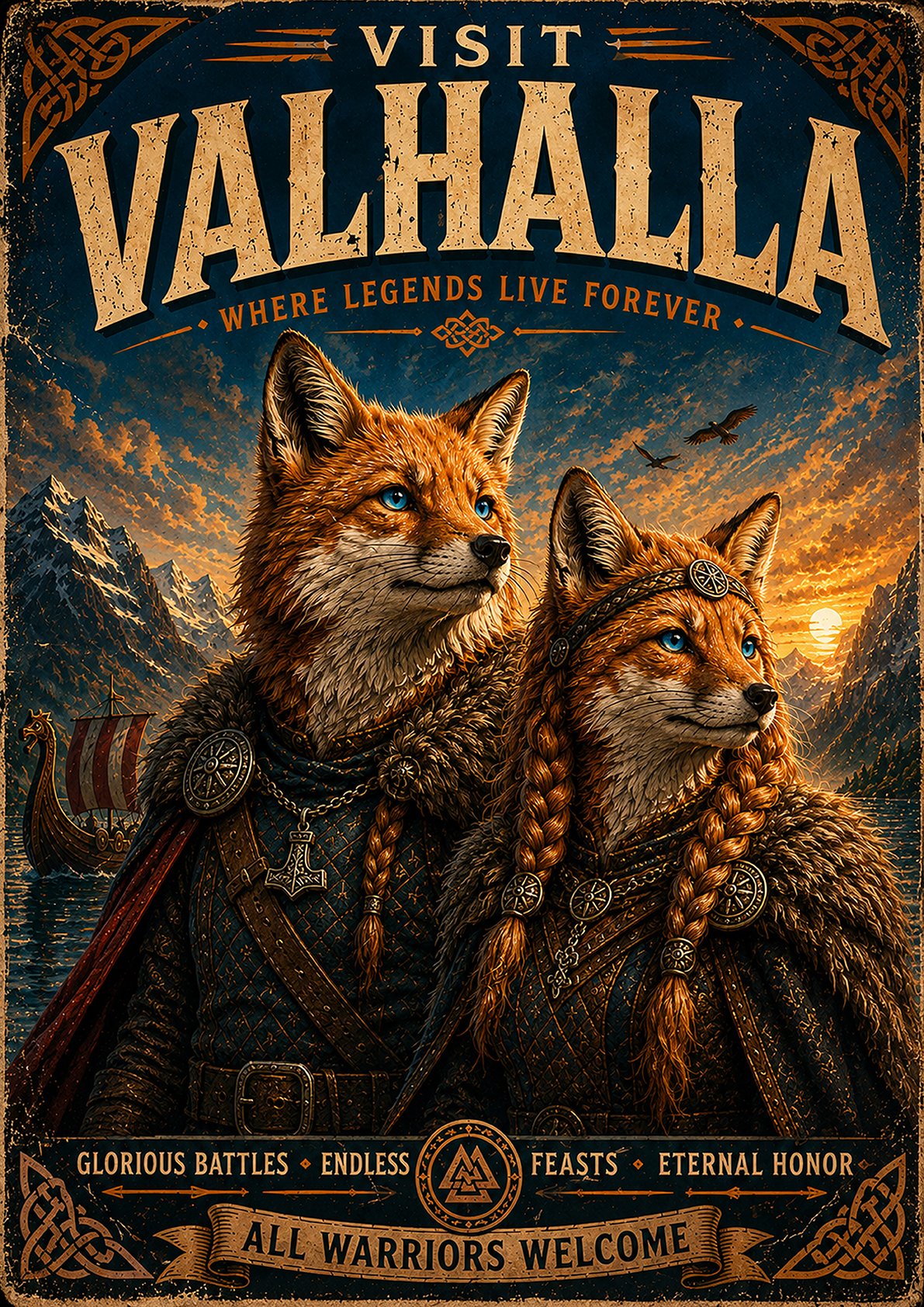 Viking Fox Couple Poster | Norse Mythology Valhalla Wall Art, Fantasy Nordic Print