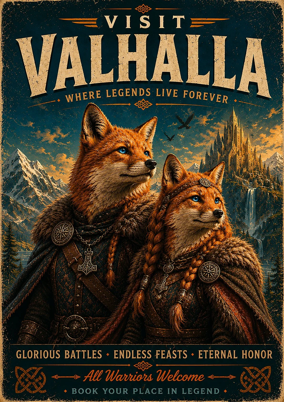 Valhalla Viking Fox Legends Poster | Norse Mythology Wall Art Print