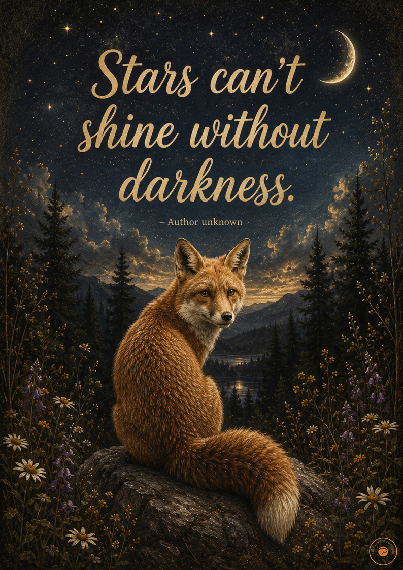 Stars Can’t Shine Without Darkness Fox Poster | Inspirational Original Fox Wall Art