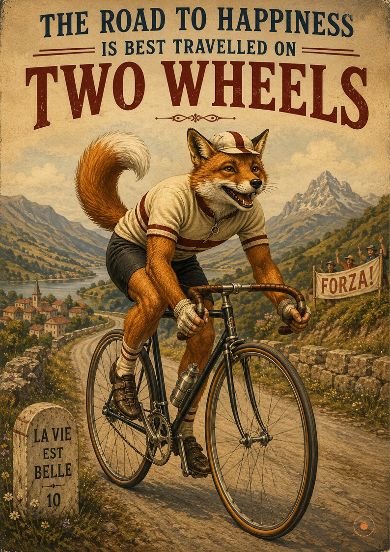 Cycling Fox Poster | The Road to Happiness Is Best Travelled on Two Wheels Wall Art