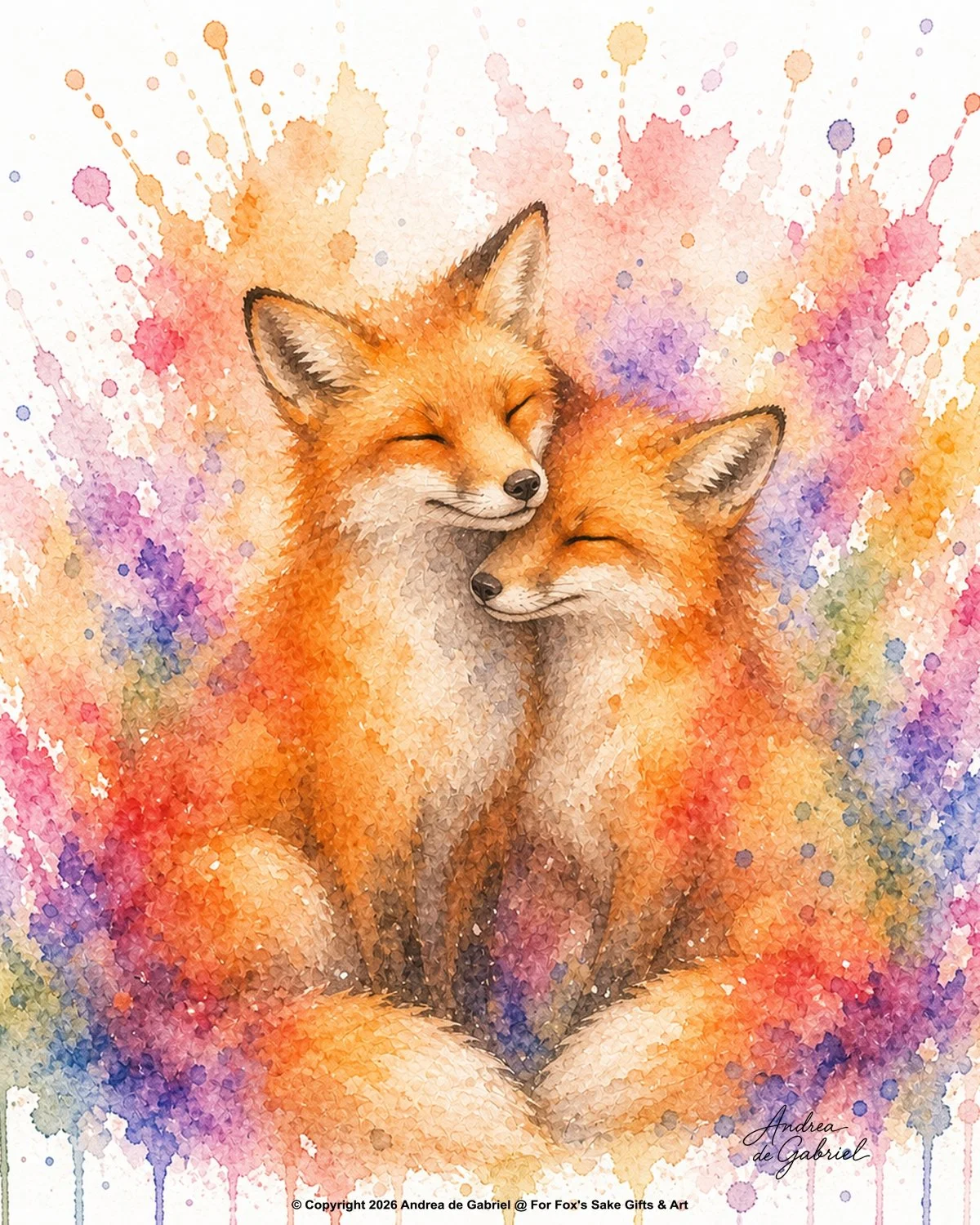 Two smiling red foxes with closed eyes surrounded by watercolor splashes of pink, purple, orange, and yellow.