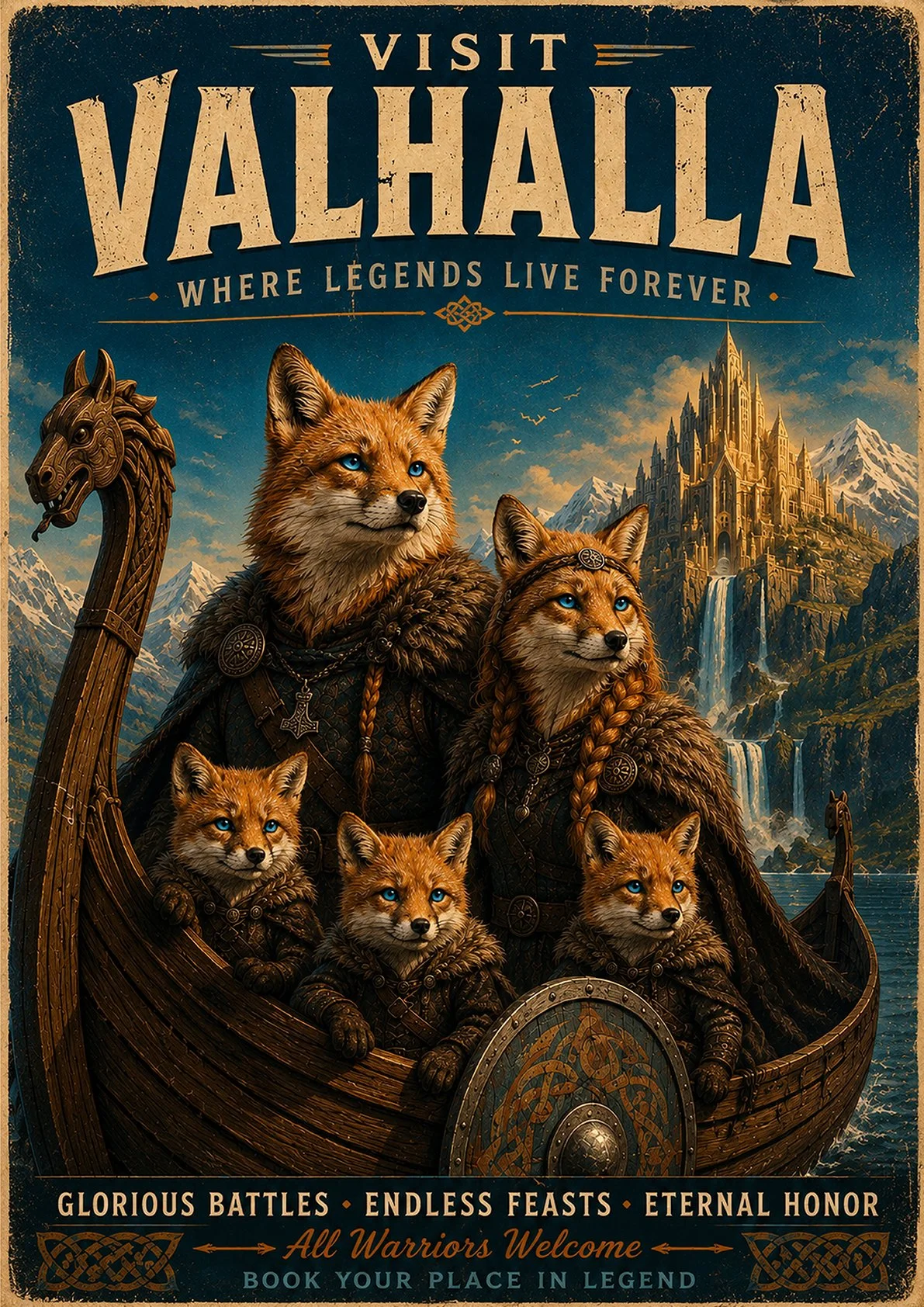 Viking Fox Family Poster | Norse Mythology Valhalla Wall Art