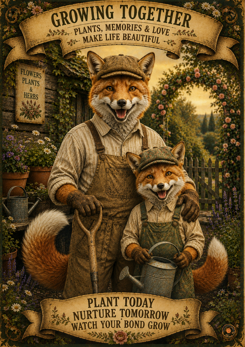 Growing Together Fox Family Garden Poster | Father & Child Gardening Wall Art Print