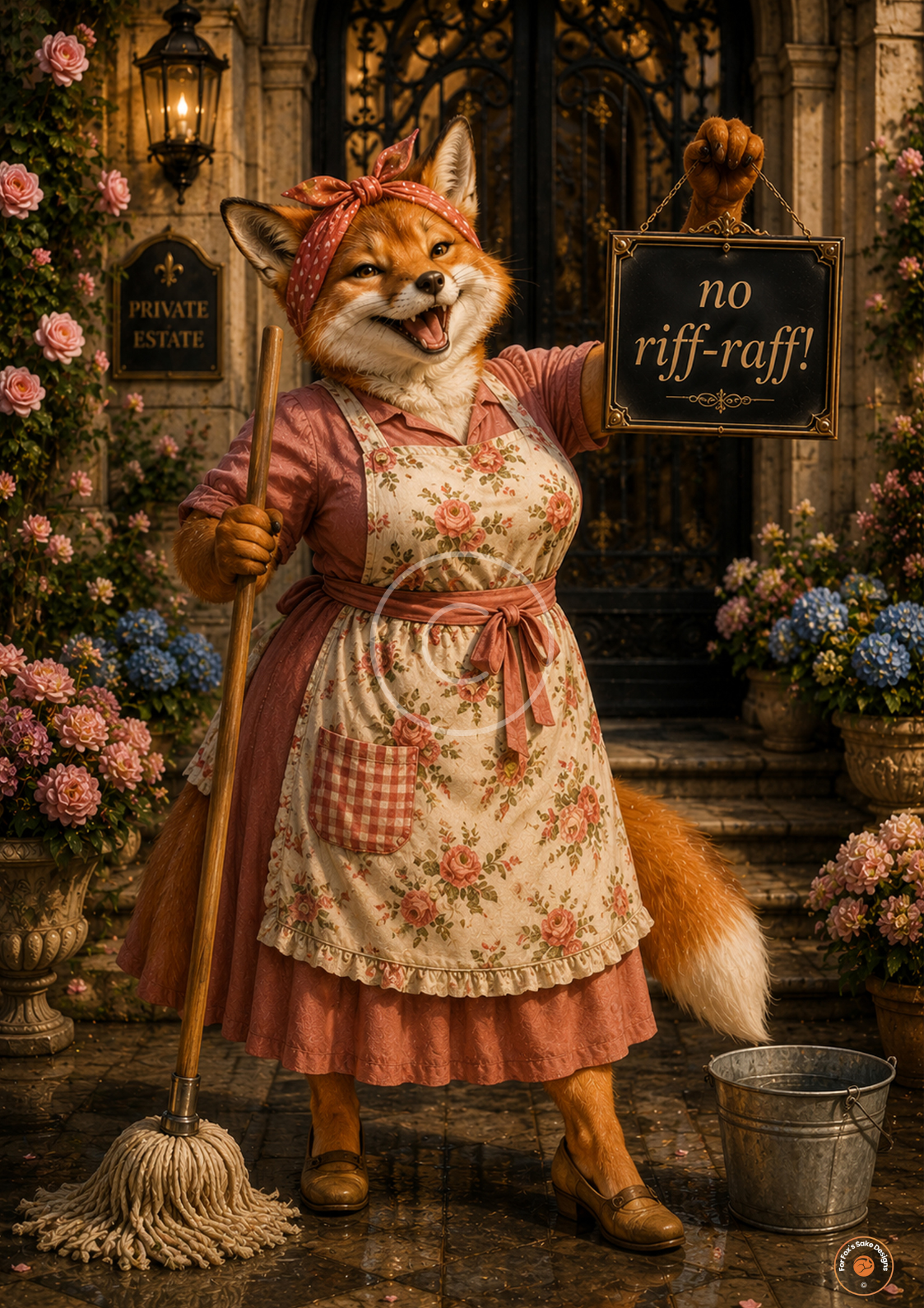 No Riff-Raff! Fox Housekeeper Poster | Funny Country Estate Wall Art | Humorous Fox Print