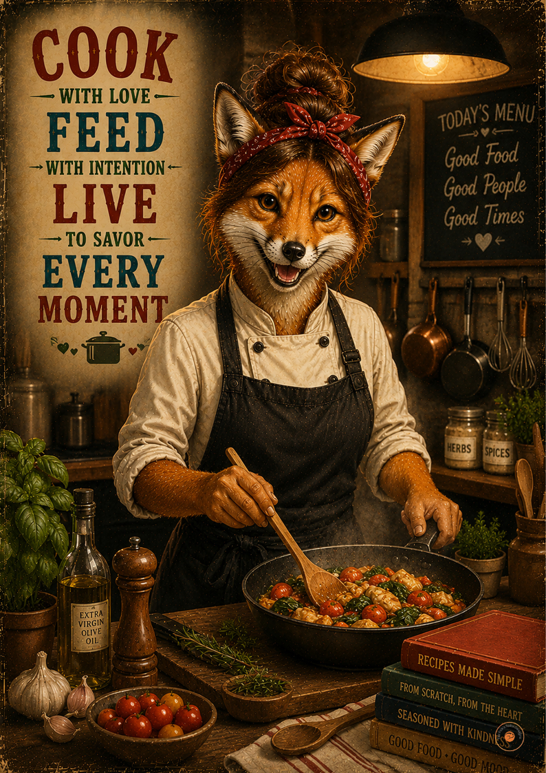 Cook With Heart Female Fox Chef Poster | Rustic Kitchen Wall Art | Chef Gift for Food Lovers (Copy)