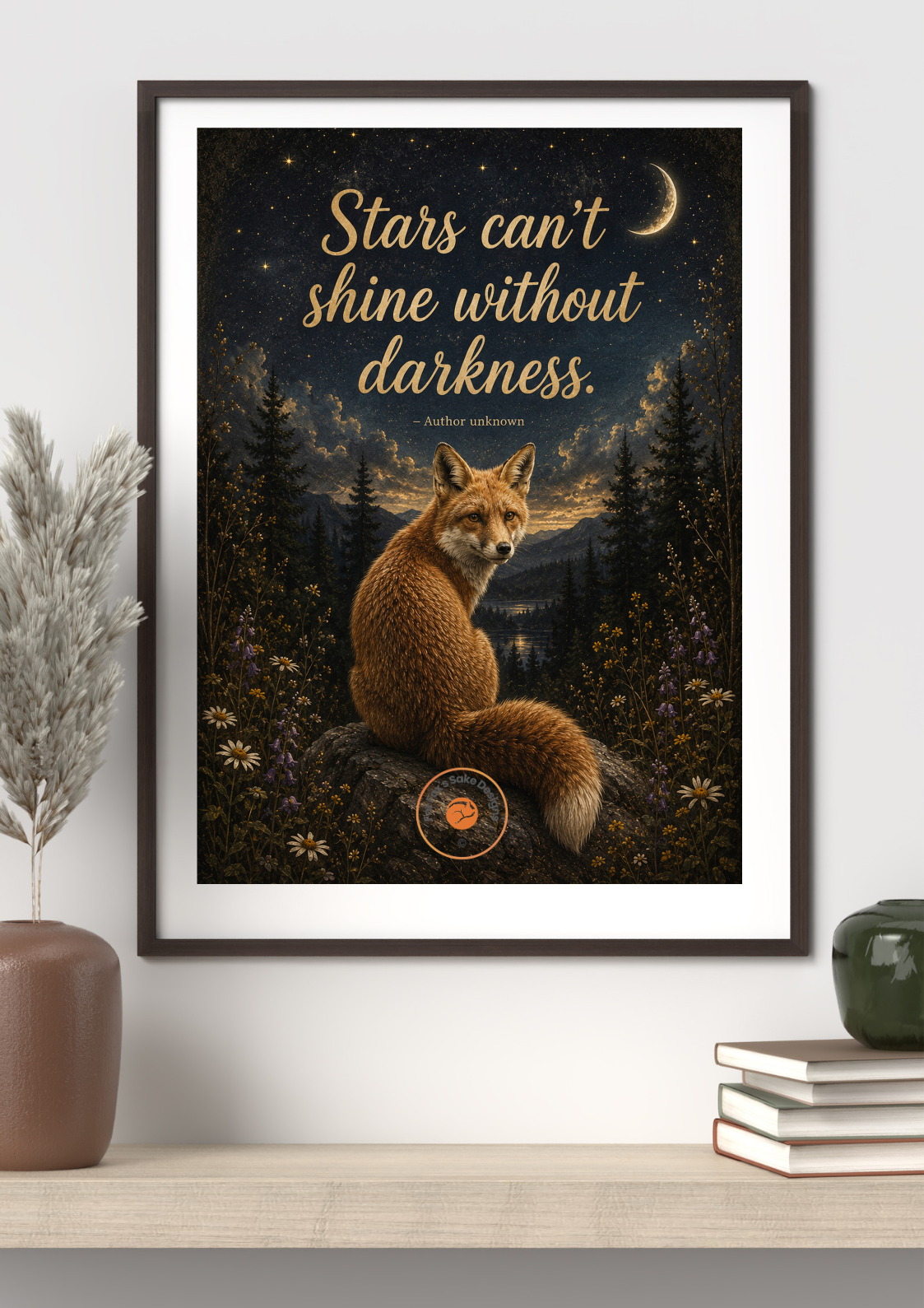 Decorative poster featuring a fox sitting on a rock in a forested landscape at sunset. The poster has an inspirational quote, "Stars can't shine without darkness," with a crescent moon and starry sky in the background.
