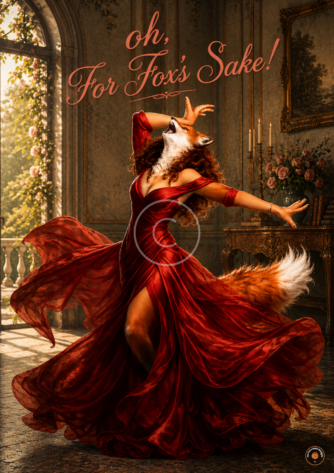 Oh, For Fox's Sake! Dancing Fox Lady Poster | Funny Fox Wall Art | Dramatic Red Dress Print