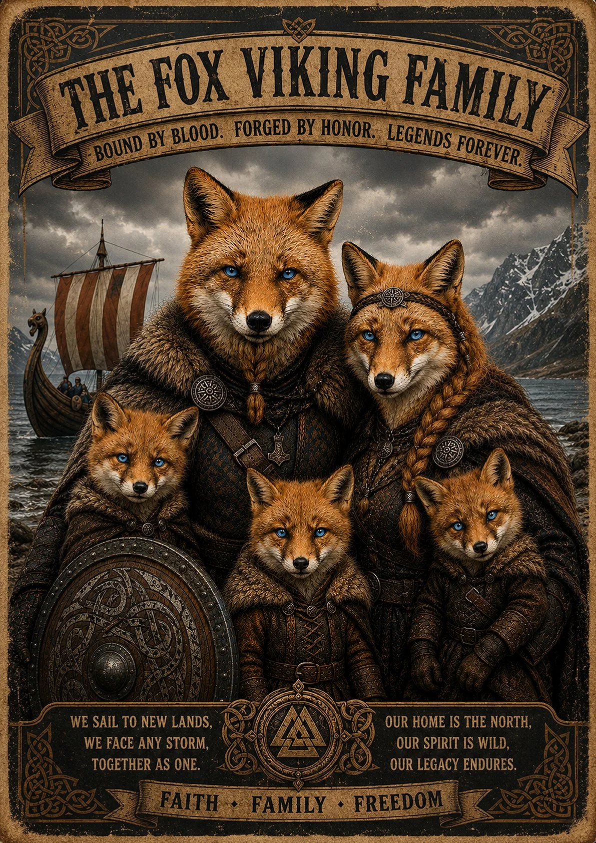 Fox Viking Family Poster | Norse Mythology, Fantasy Art, Nordic Decor