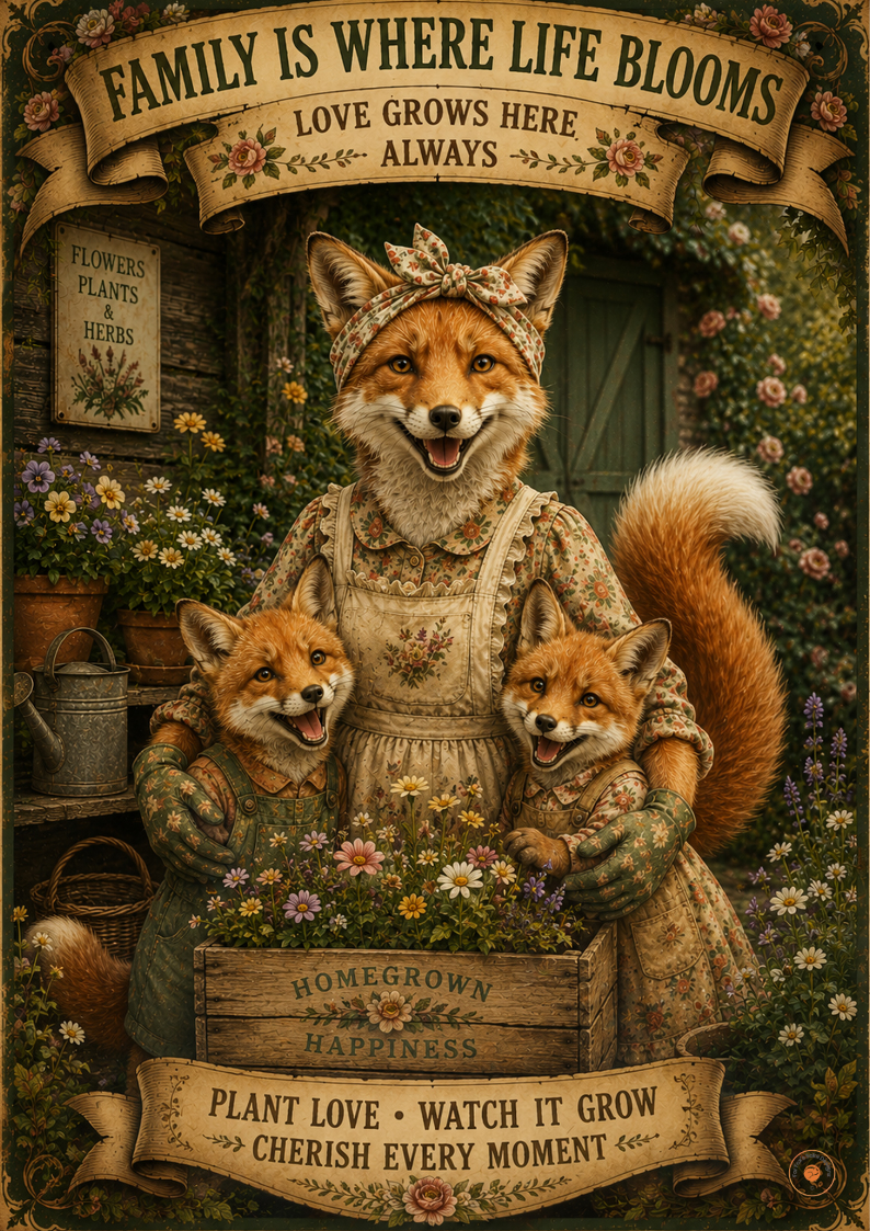 Family Is Where Life Blooms Fox Family Poster | Cottage Garden Family Wall Art Print