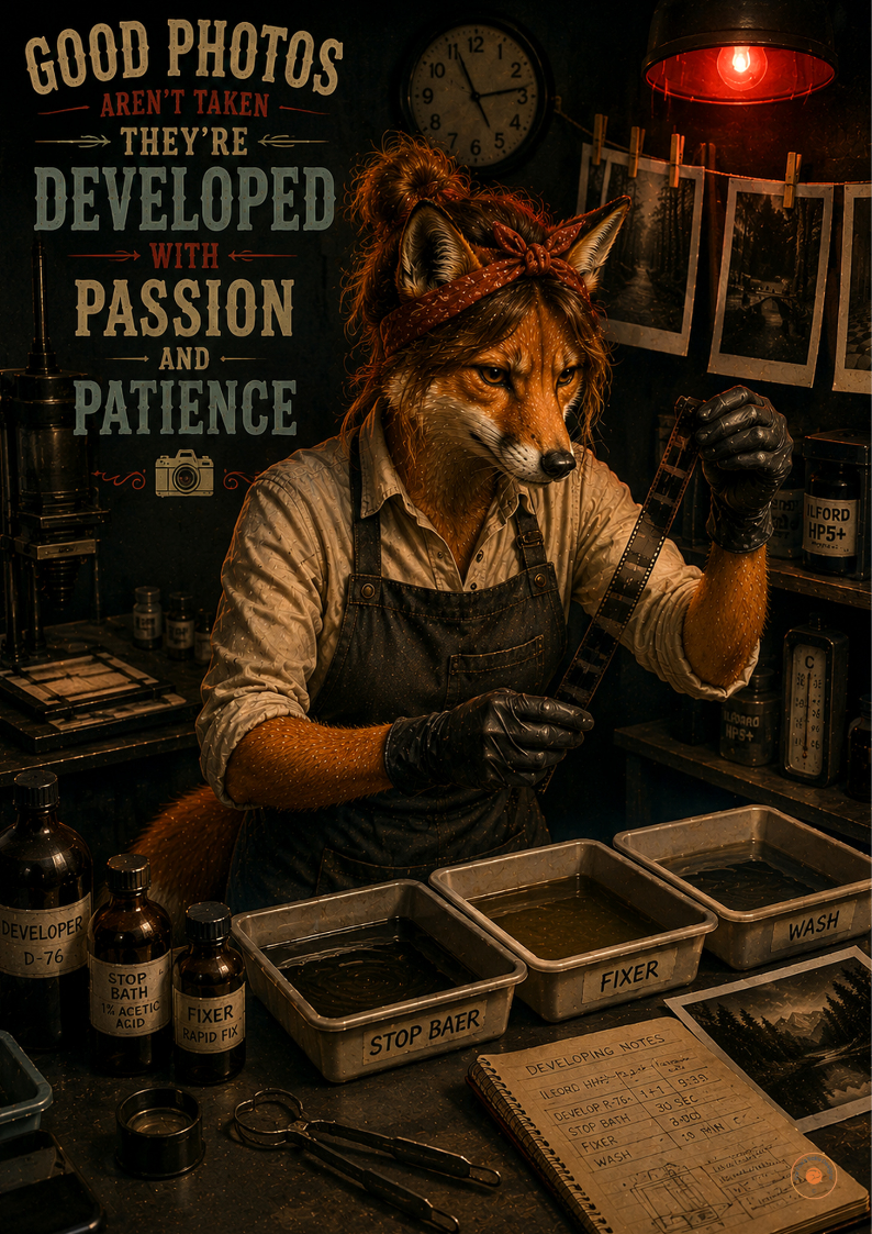 Darkroom Photographer Fox Poster | Vintage Film Photography Wall Art Print