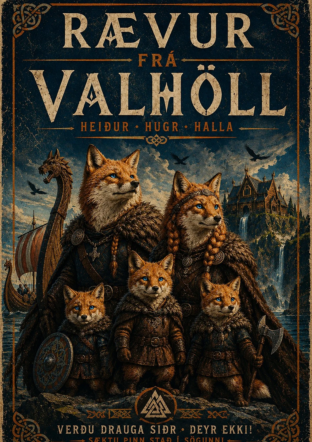 Viking Fox Family Poster | Norse Mythology Wall Art, Nordic Fantasy Print