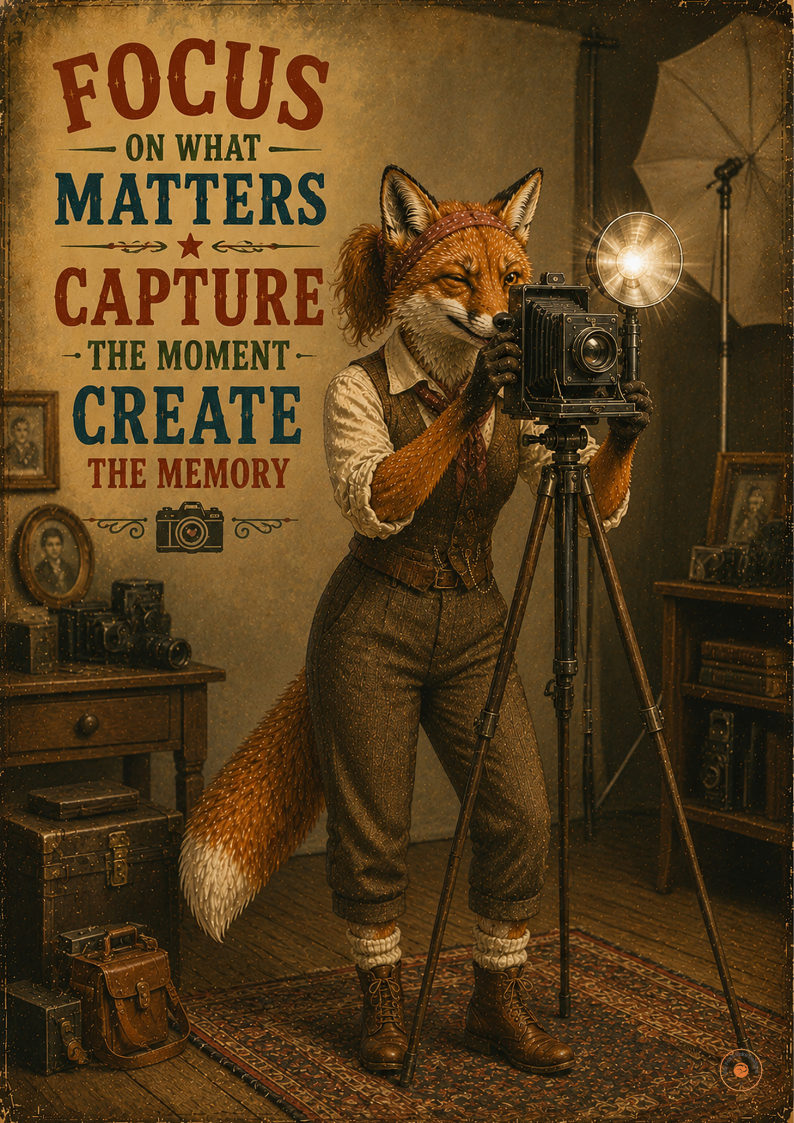 Focus on What Matters Female Fox Photographer Poster | Vintage Photography Wall Art Print