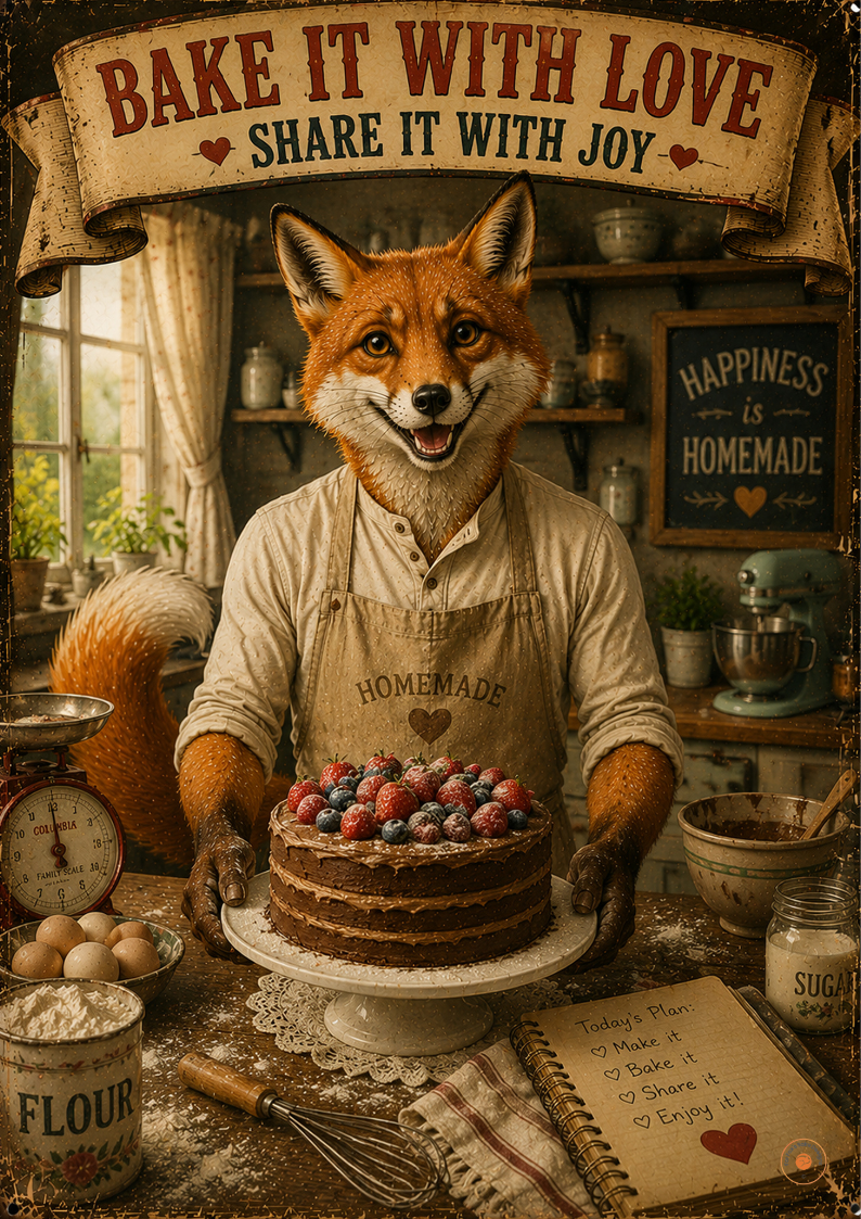 Happiness Is Homemade Fox Baker Poster | Cottage Kitchen Wall Art | Baking Gift Decor