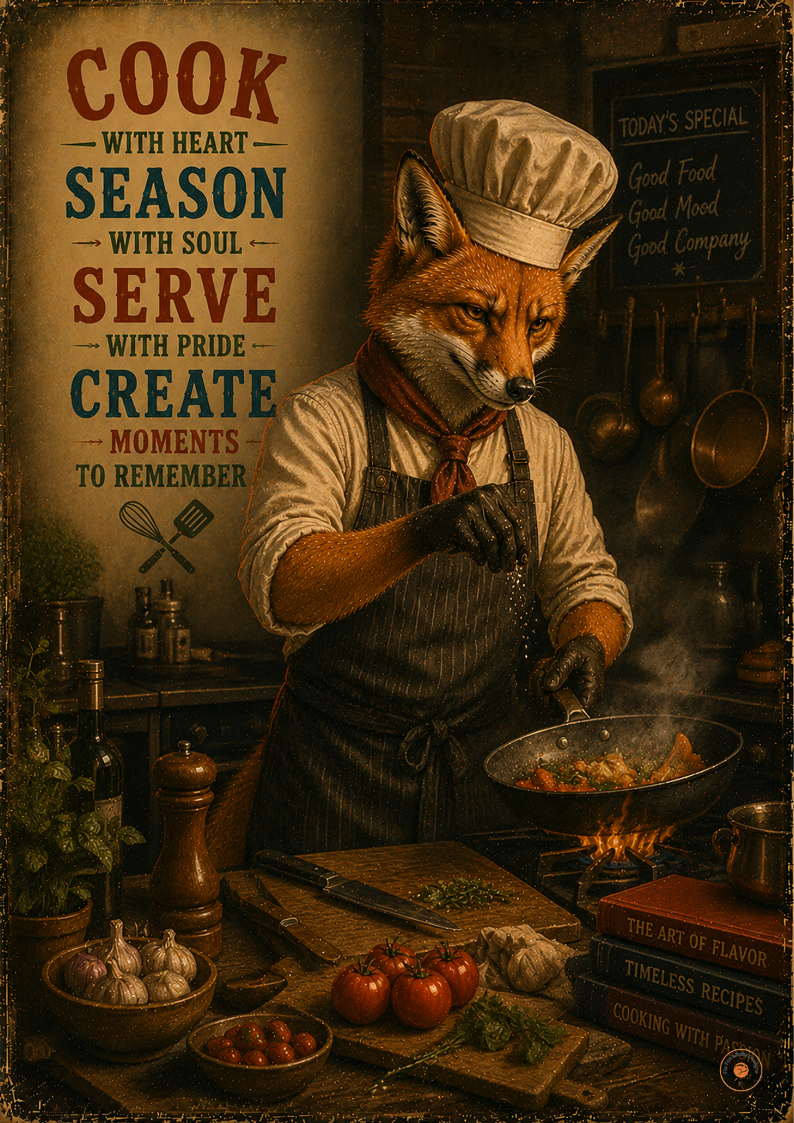 Cook With Heart Fox Chef Poster | Rustic Kitchen Wall Art | Chef Gift for Food Lovers