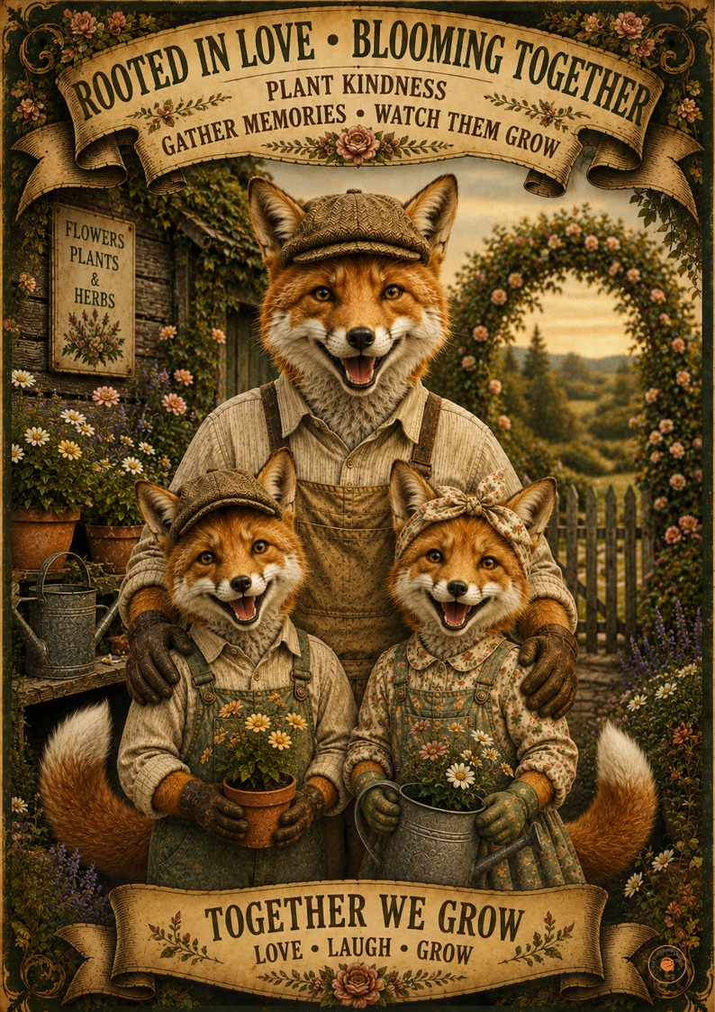 Rooted in Love Blooming Together Fox Family Garden Poster | Cottagecore Family Wall Art