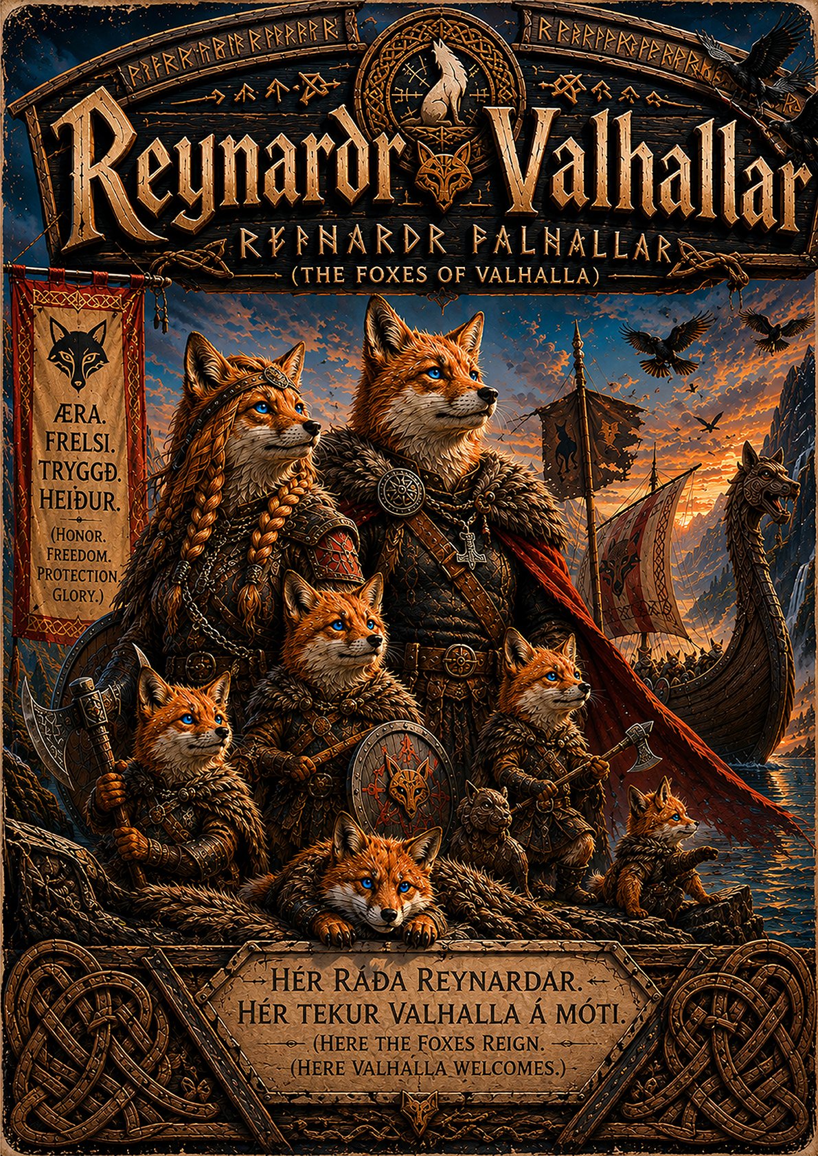 Reynardr Valhallar Fox Poster | Viking Norse Mythology Wall Art, Fantasy Fox Clan Print