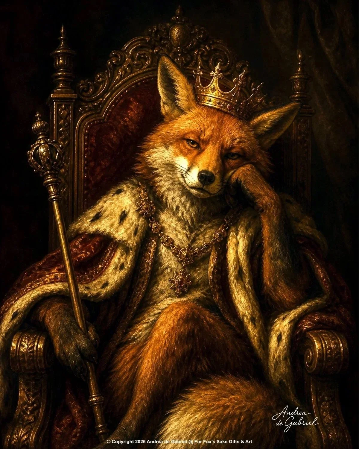 A fox with a regal appearance is sitting on a royal throne. The fox is wearing a golden crown and a necklace with a gemstone pendant. It has a confident, slightly mischievous expression and rests one paw on its face, with the other holding a scepter. The background is dark, emphasizing the luxurious details.