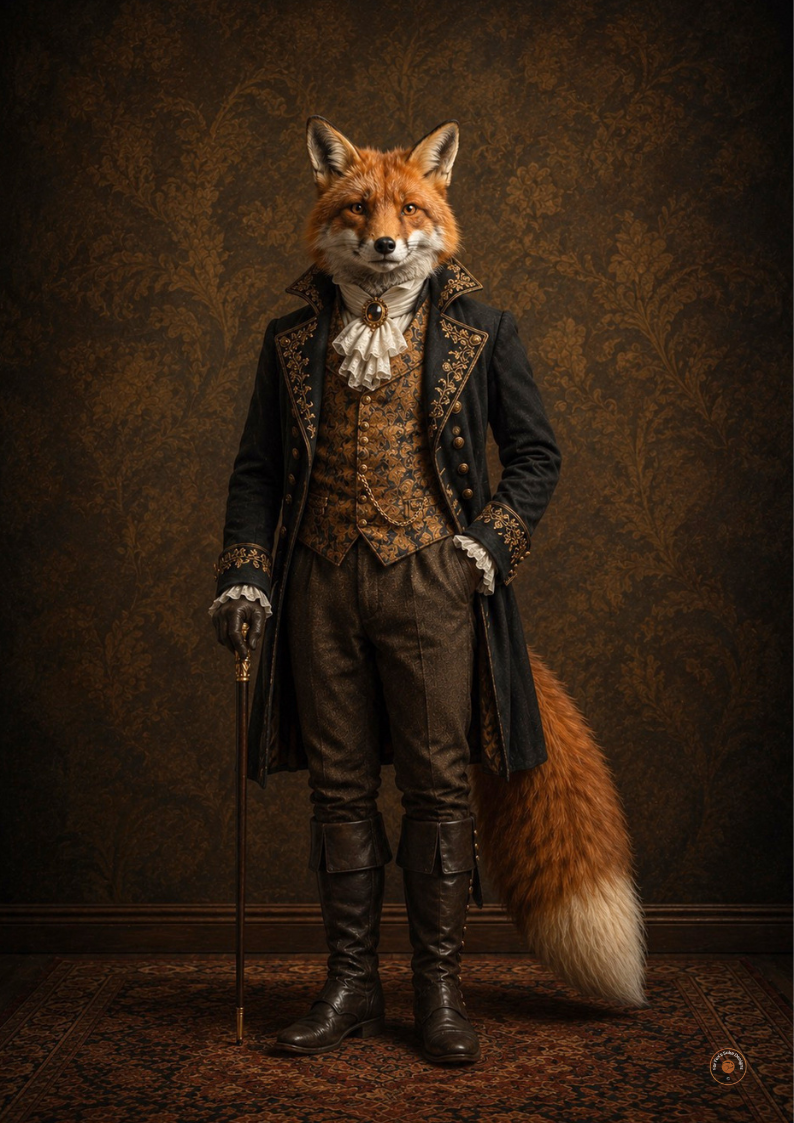 Regal Fox Portrait Wall Art | Victorian Fox Gentleman Print | Luxury Dark Academia Decor