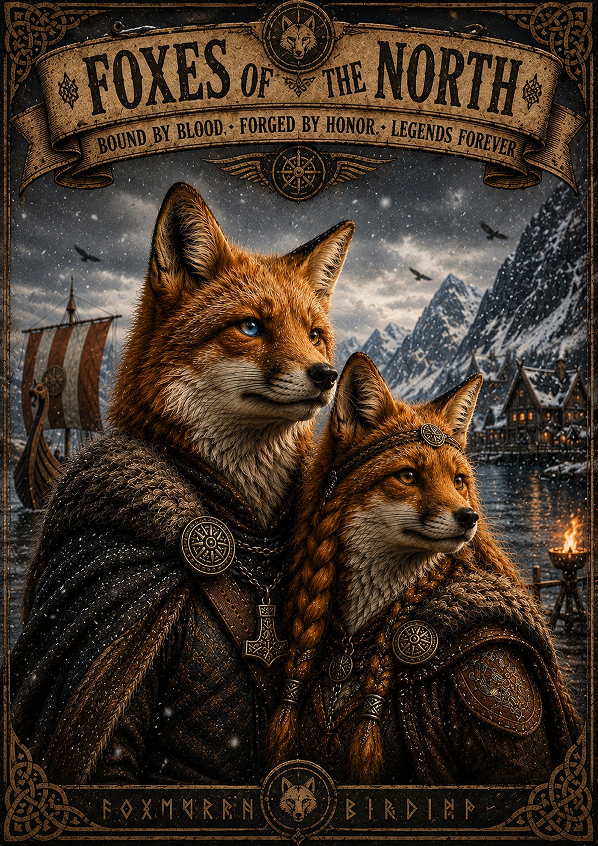 Viking Fox Couple Print | Norse Mythology Wall Art, Nordic Decor