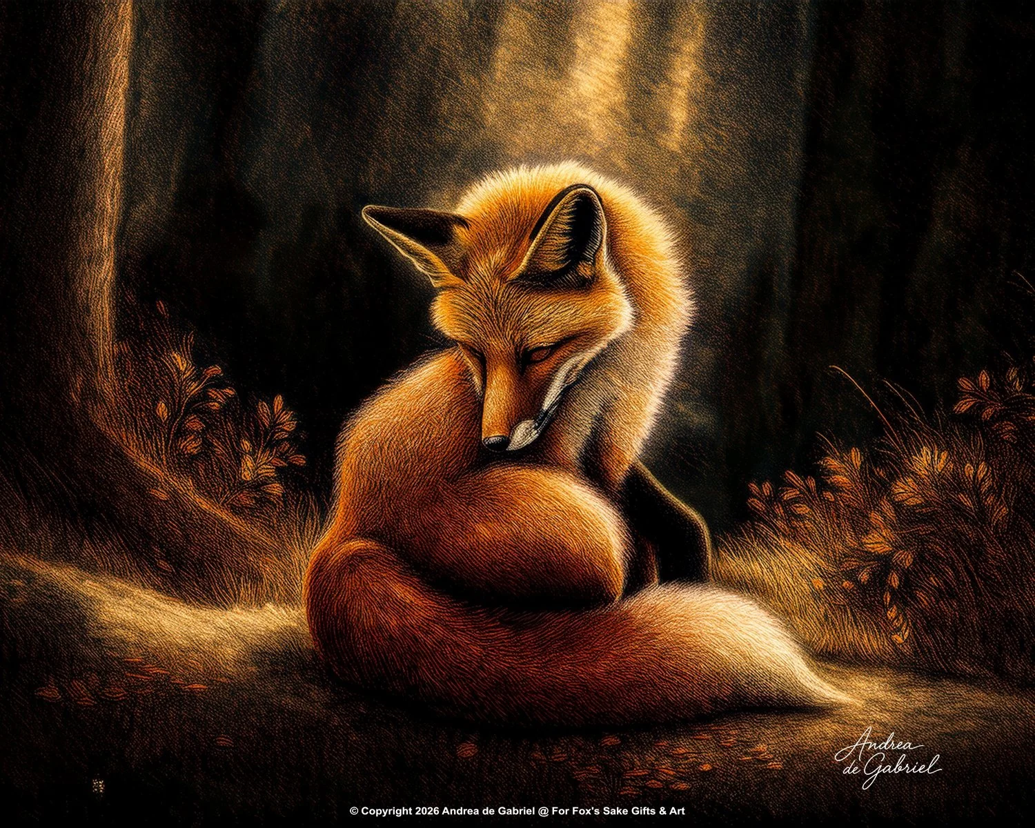 A digital painting of a fox sitting in a forest, with its tail wrapped around its body, looking back over its shoulder, illuminated by soft light.