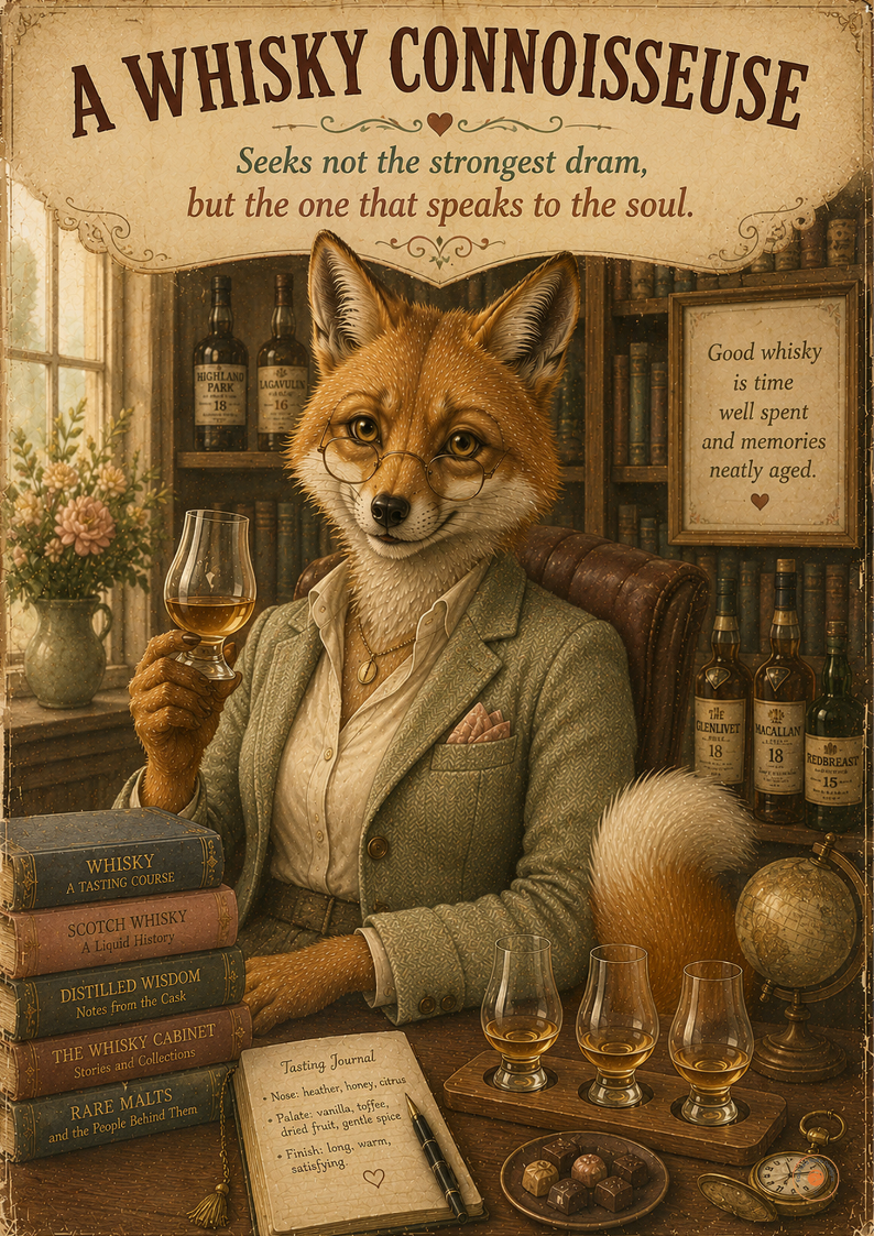Whisky Connoisseuse Fox Poster | Whisky Lover Wall Art | Scotch Whisky Gift for Her
