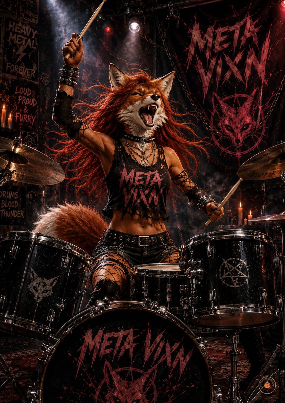 Meta Vixxn Fury – Female Heavy Metal Original Fox Drummer Poster
