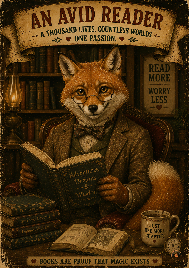 Avid Reader Fox Poster | Book Lover Wall Art | Vintage Reading Gift Print