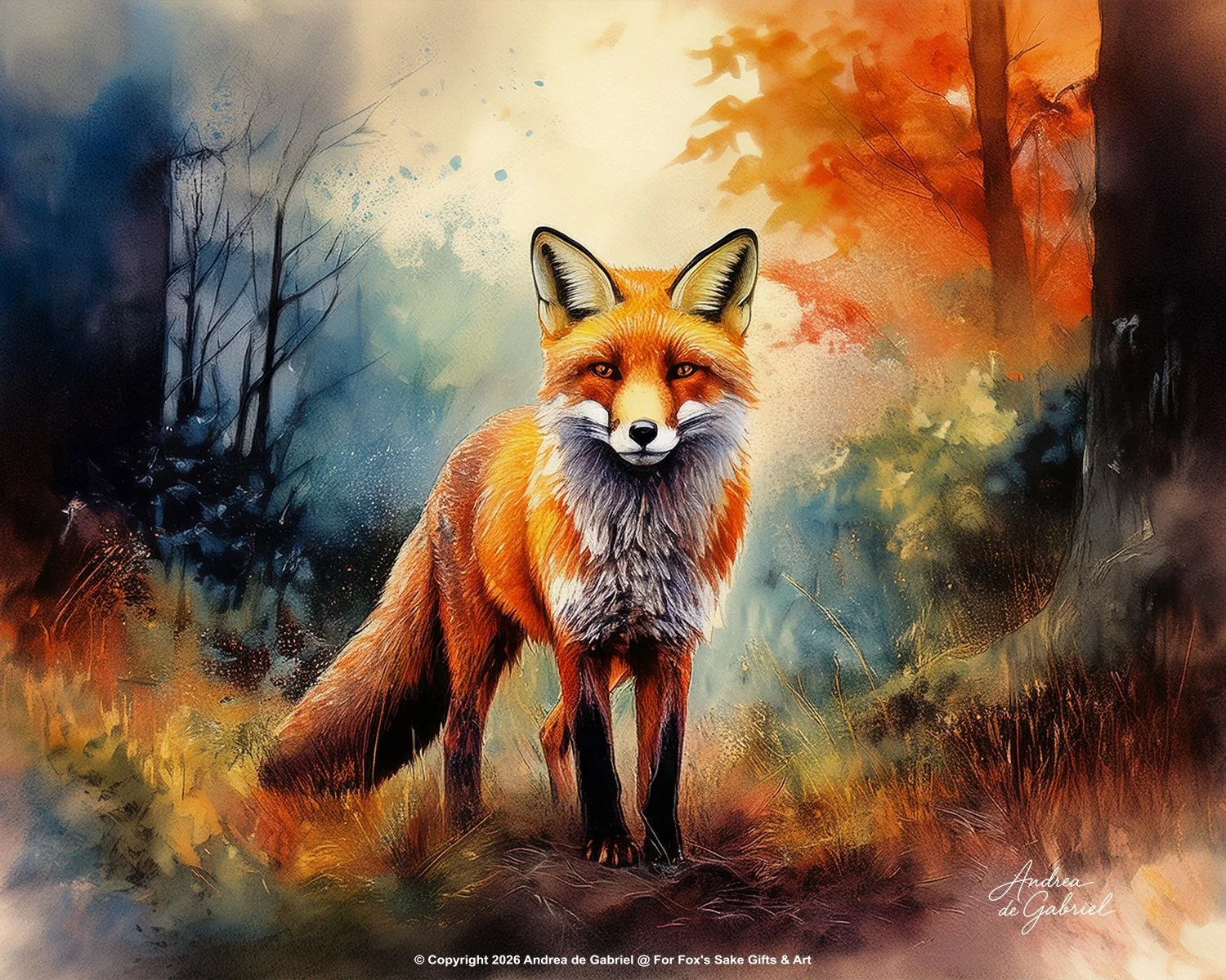 A watercolor painting of a fox in a forest setting with autumn leaves and trees, signed by Andrea de Gabriel.