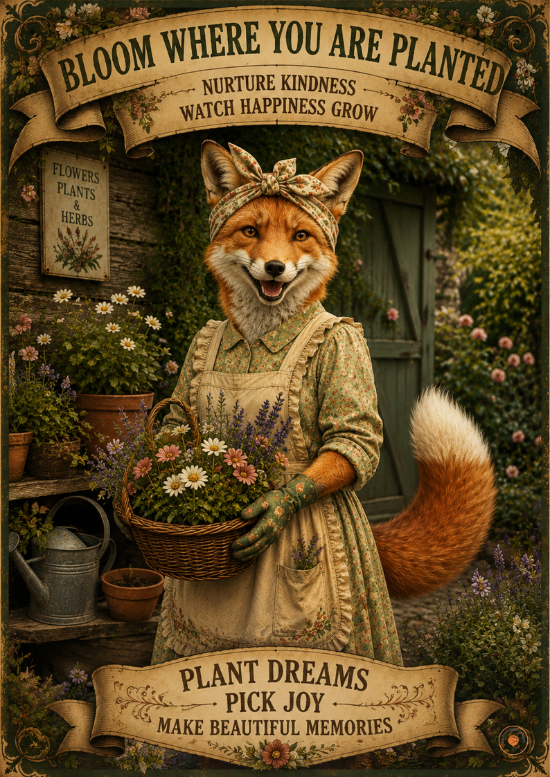 Bloom Where You Are Planted Fox Gardening Poster | Cottage Garden Wall Art Print