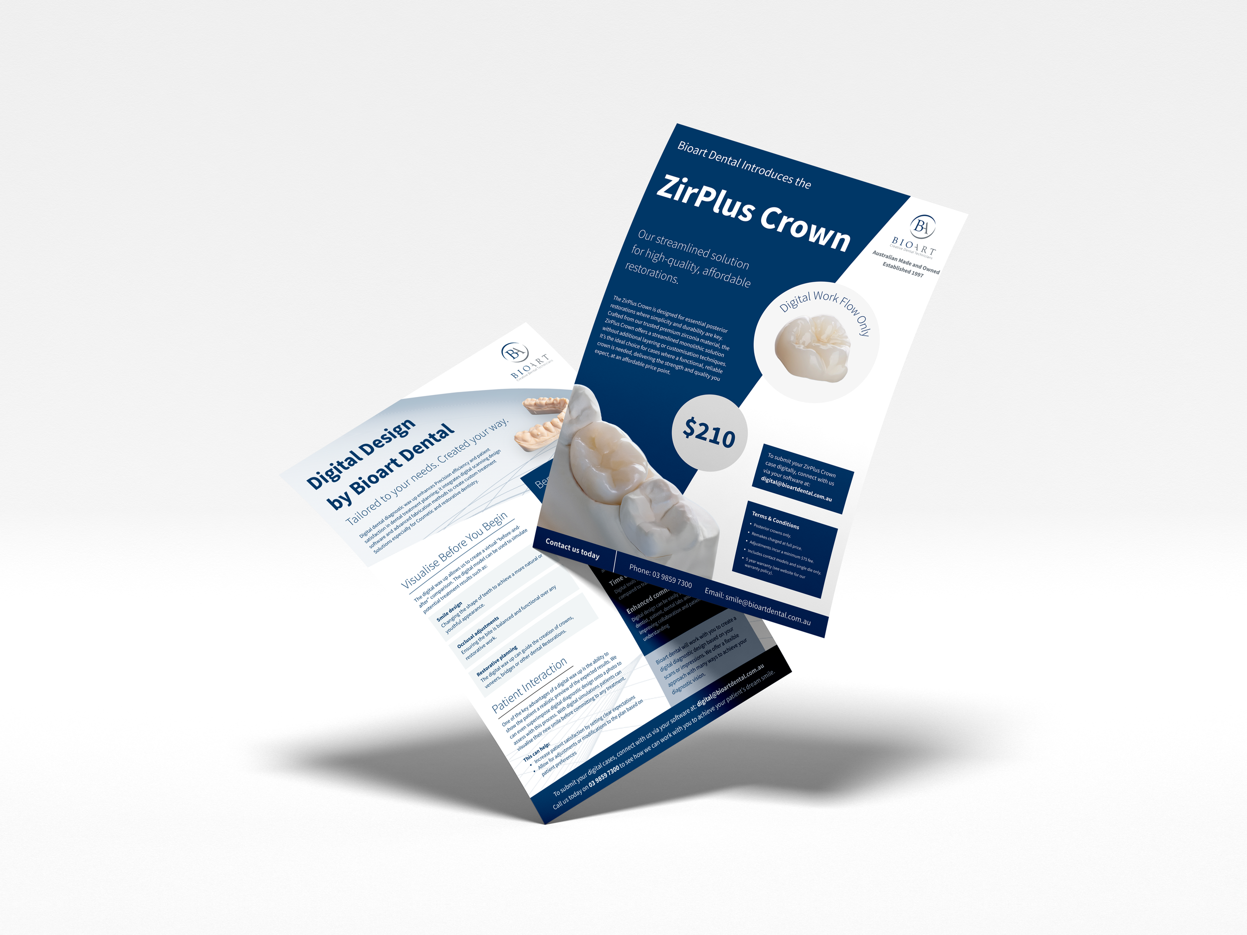 Brochure for Bioart Dental showcasing the ZirPlus Crown with a 3D dental model, contact information, and details about the product's features and pricing.