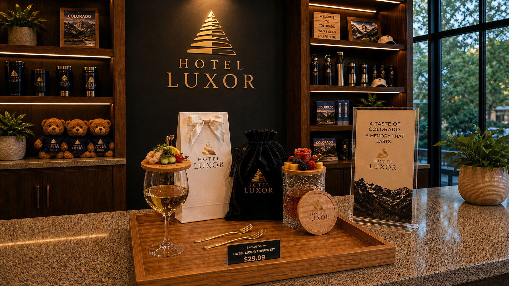 Display at Hyatt Regency Denver at the Colorado Convention Center with branded gift bags, a wine glass with a cheese and vegetable platter, and promotional materials highlighting Colorado and Hyatt branding.